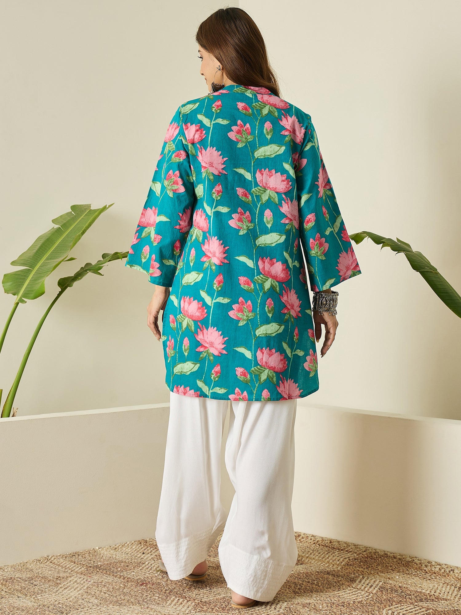 Teal Blue Lotus Kurta White Salwar Set