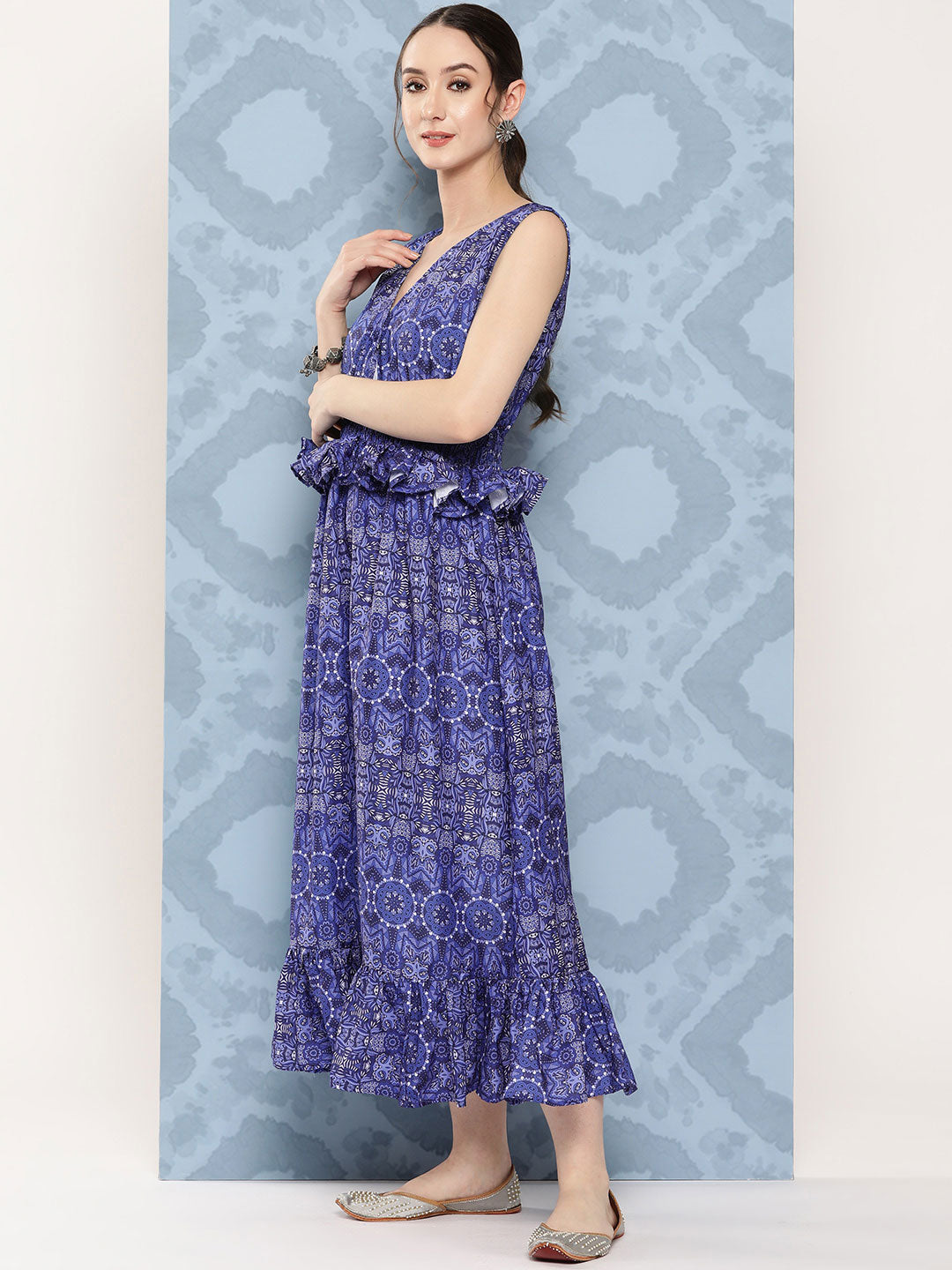 Blue Floral Paisley Print Long Frill Dress