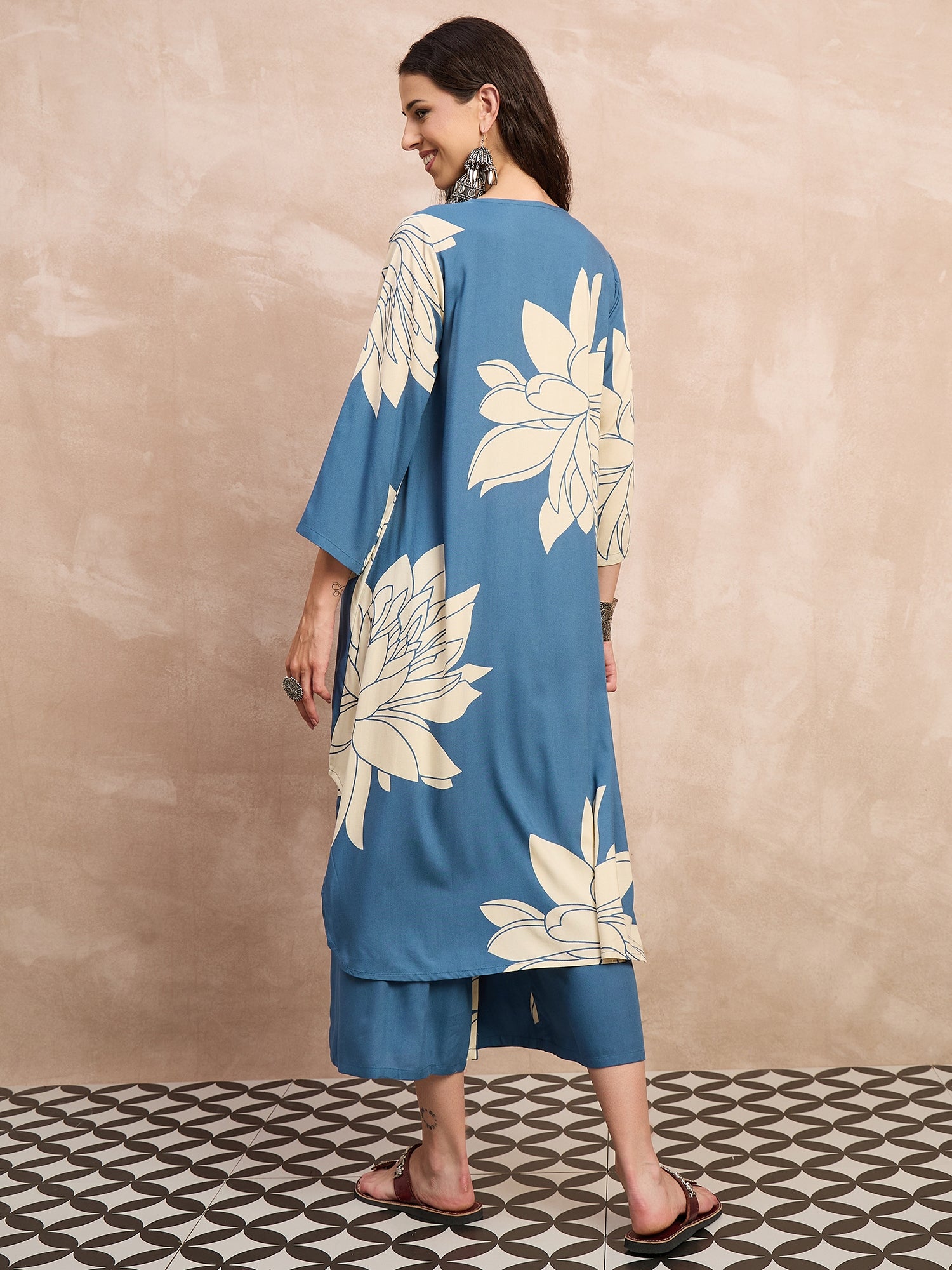 Blue Big Lotus Print Flared Kurta Set