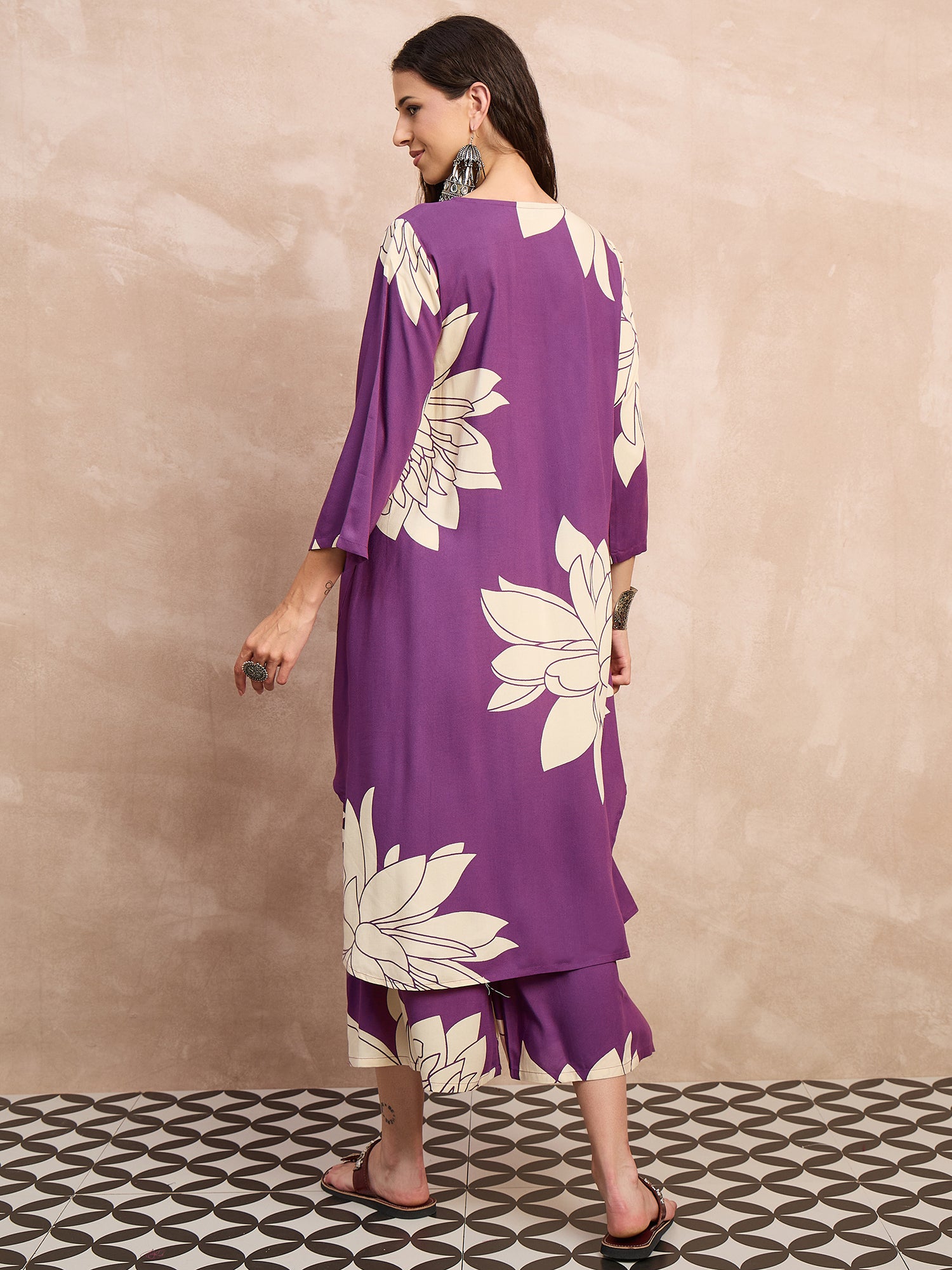 Mauve Big Lotus Print Flared Kurta Set