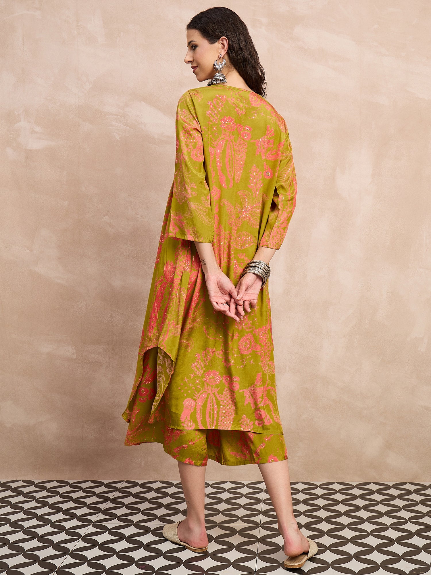 Light Olive Peach Print Flared Kurta Set