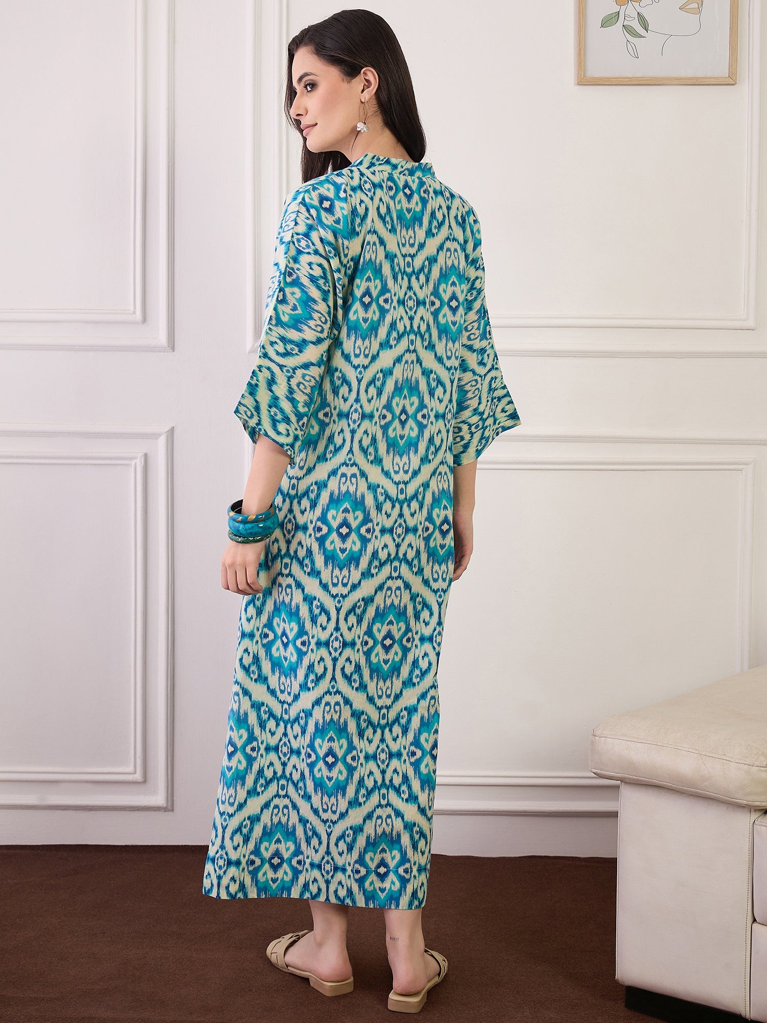 Cream Blue Ikkat Print V Neck Long Dress