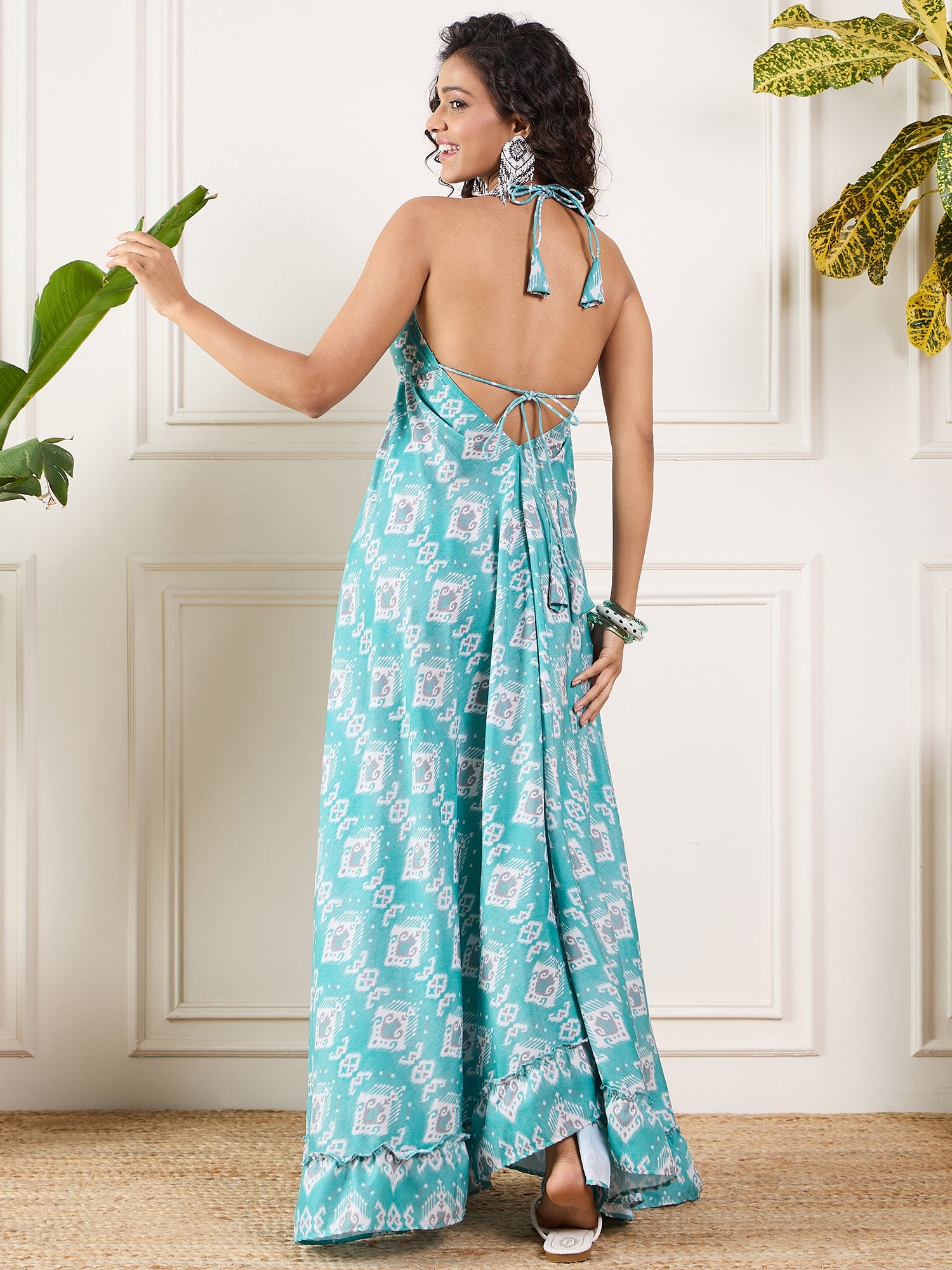Turquoise White Ikkat Print Neck Long Backless Dress - InWeave Turquoise White Ikkat Print Neck Long Backless Dress - InWeave