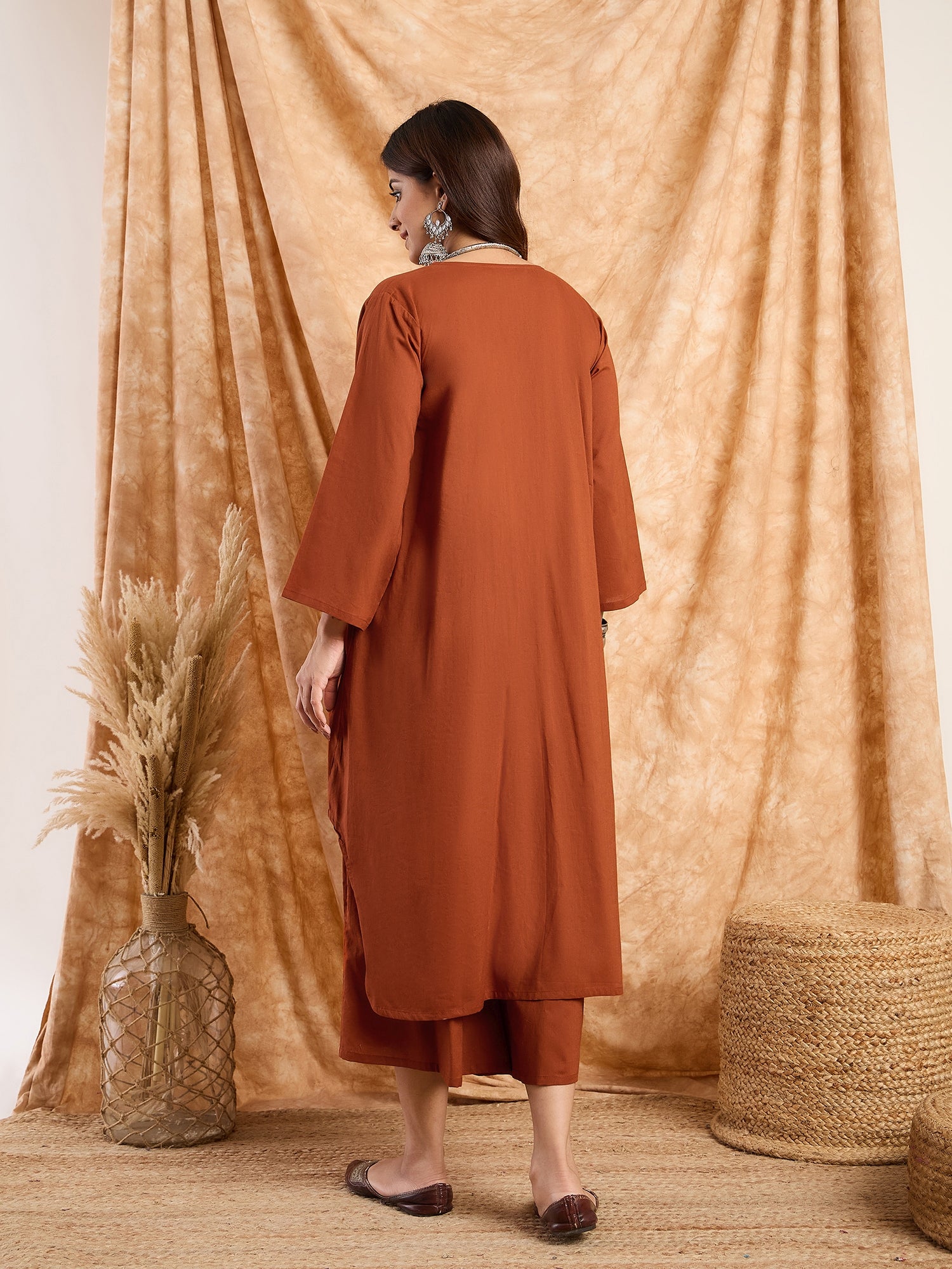 Rust V Neck Flared Kurta Set