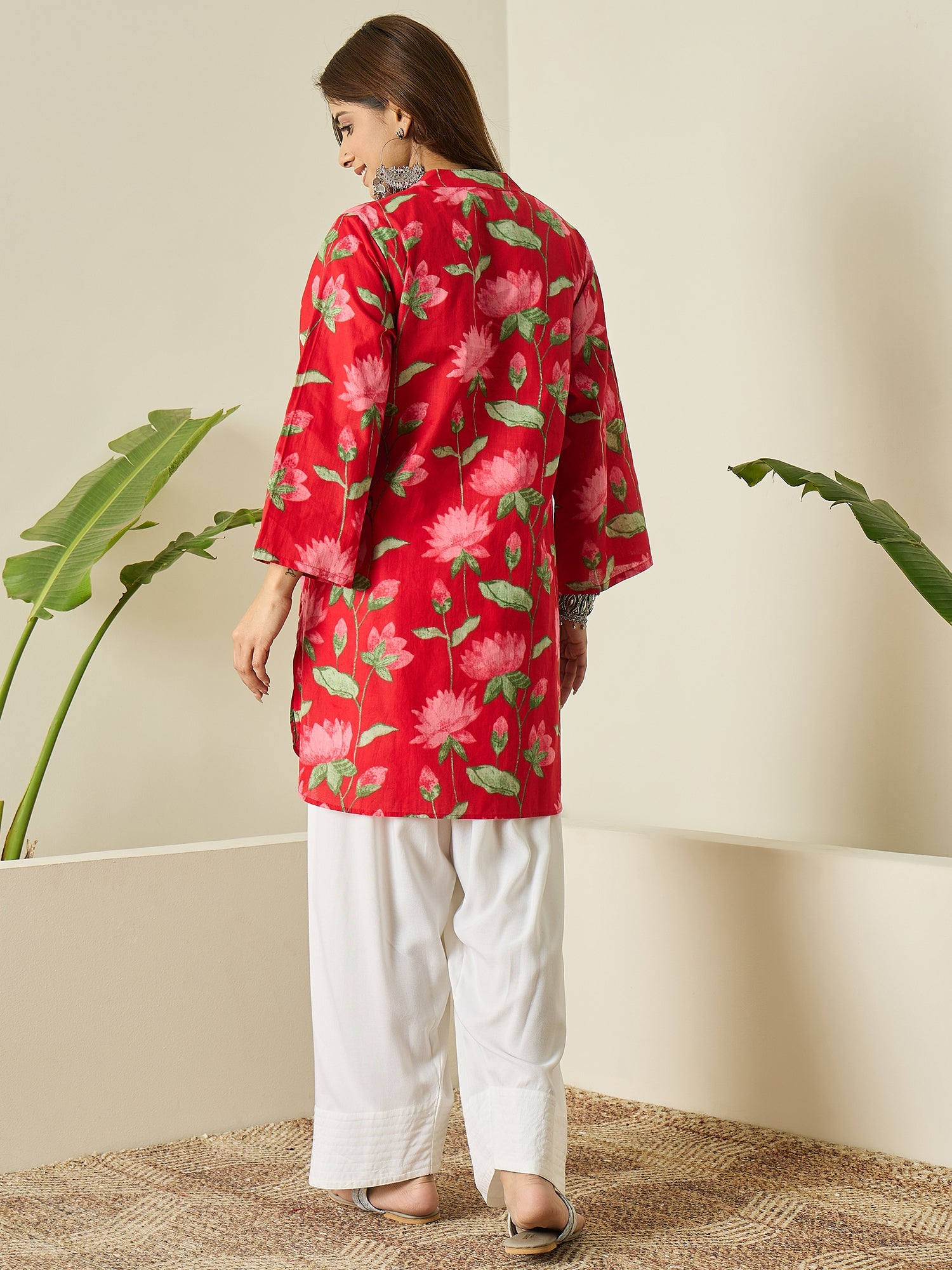 Red Lotus Print Kurta White Salwar Set