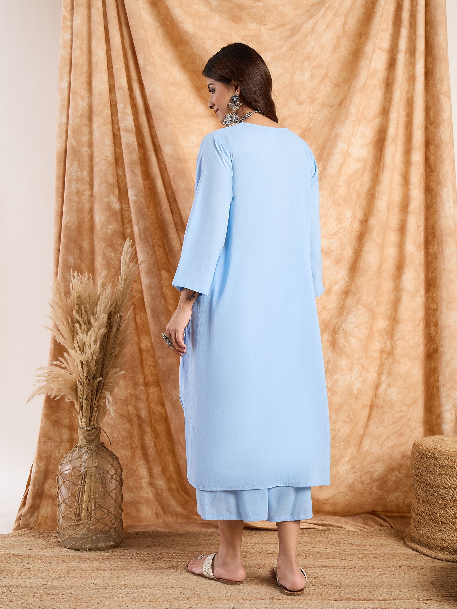 Light Blue Pastel V Neck Flared Kurta Set