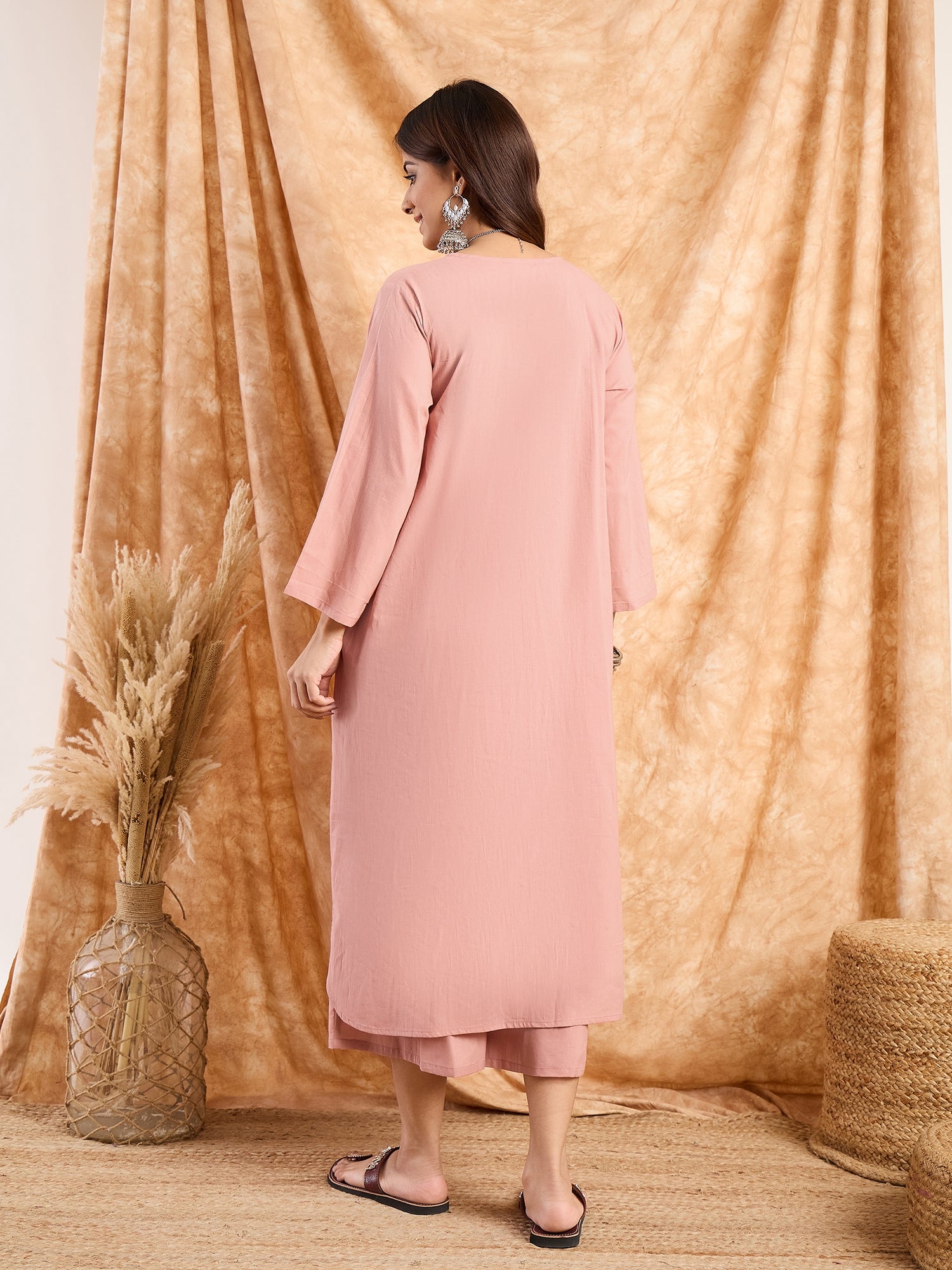Rusty Pink V Neck Flared Kurta Set