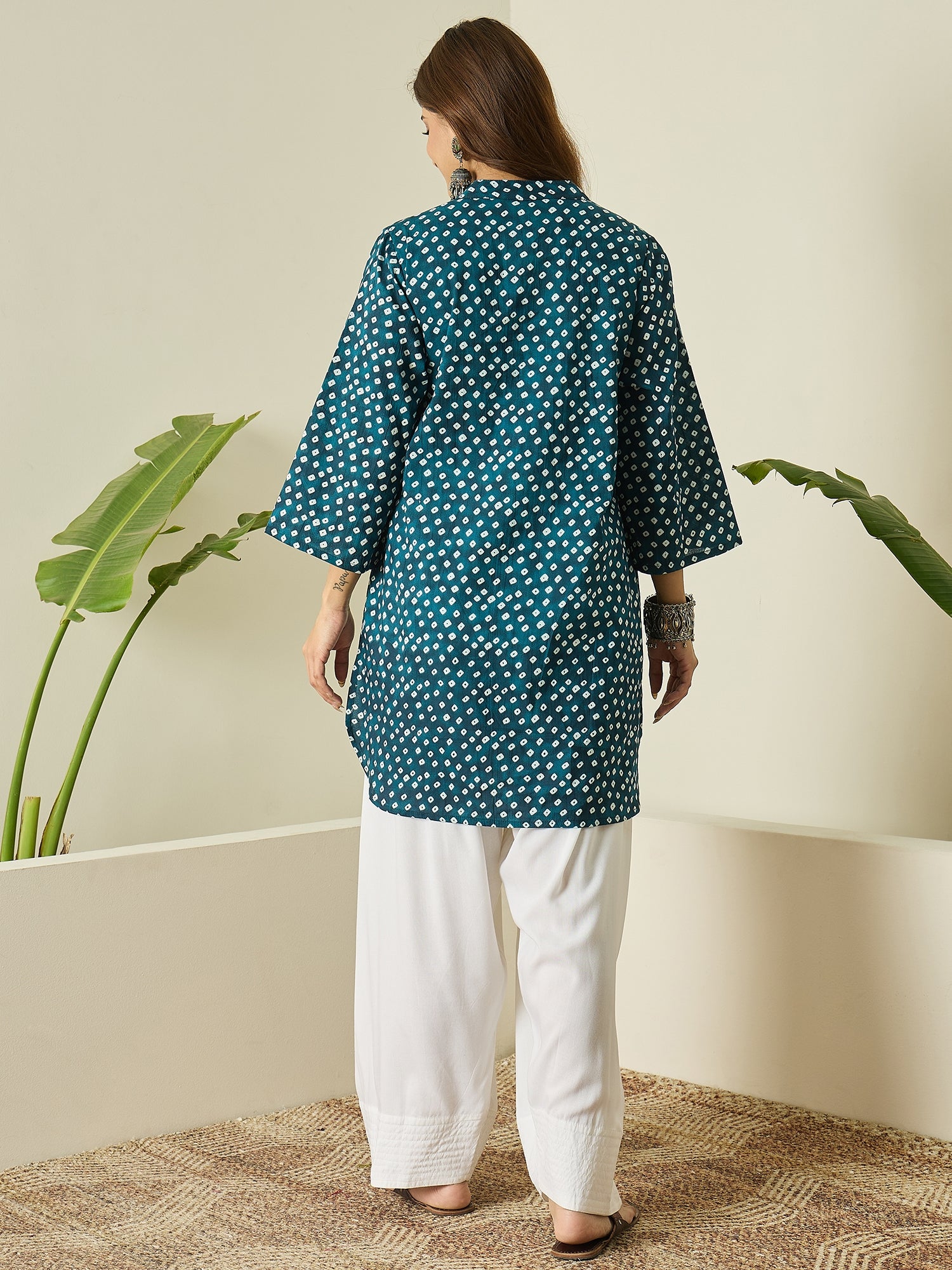 Navy Teal White Dot Kurta White Salwar Set