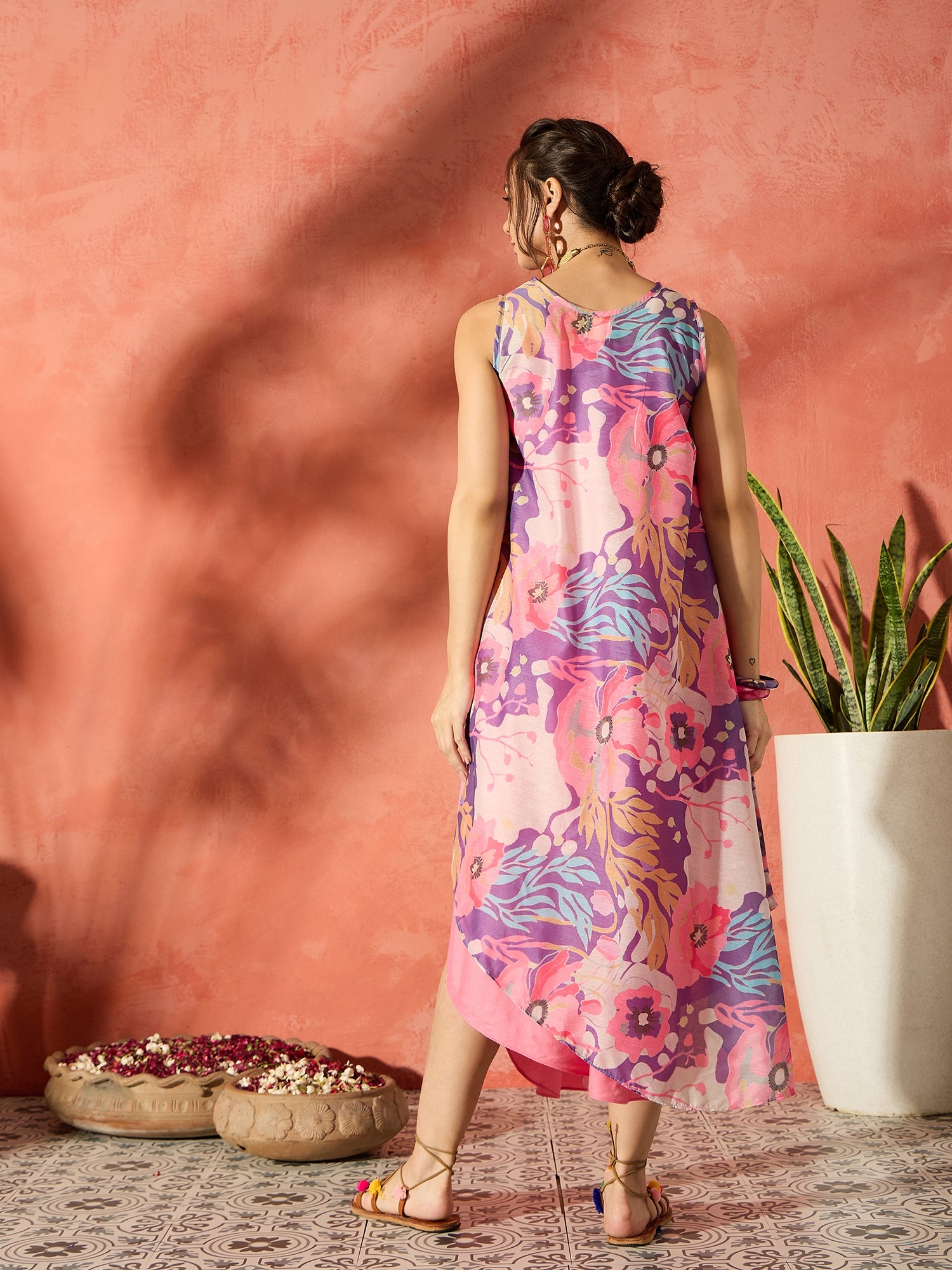 InWeave Purple Floral Peach Asymmetrical Dress XXL for Women InWeave Purple Floral Peach Asymmetrical Dress XXL for Women