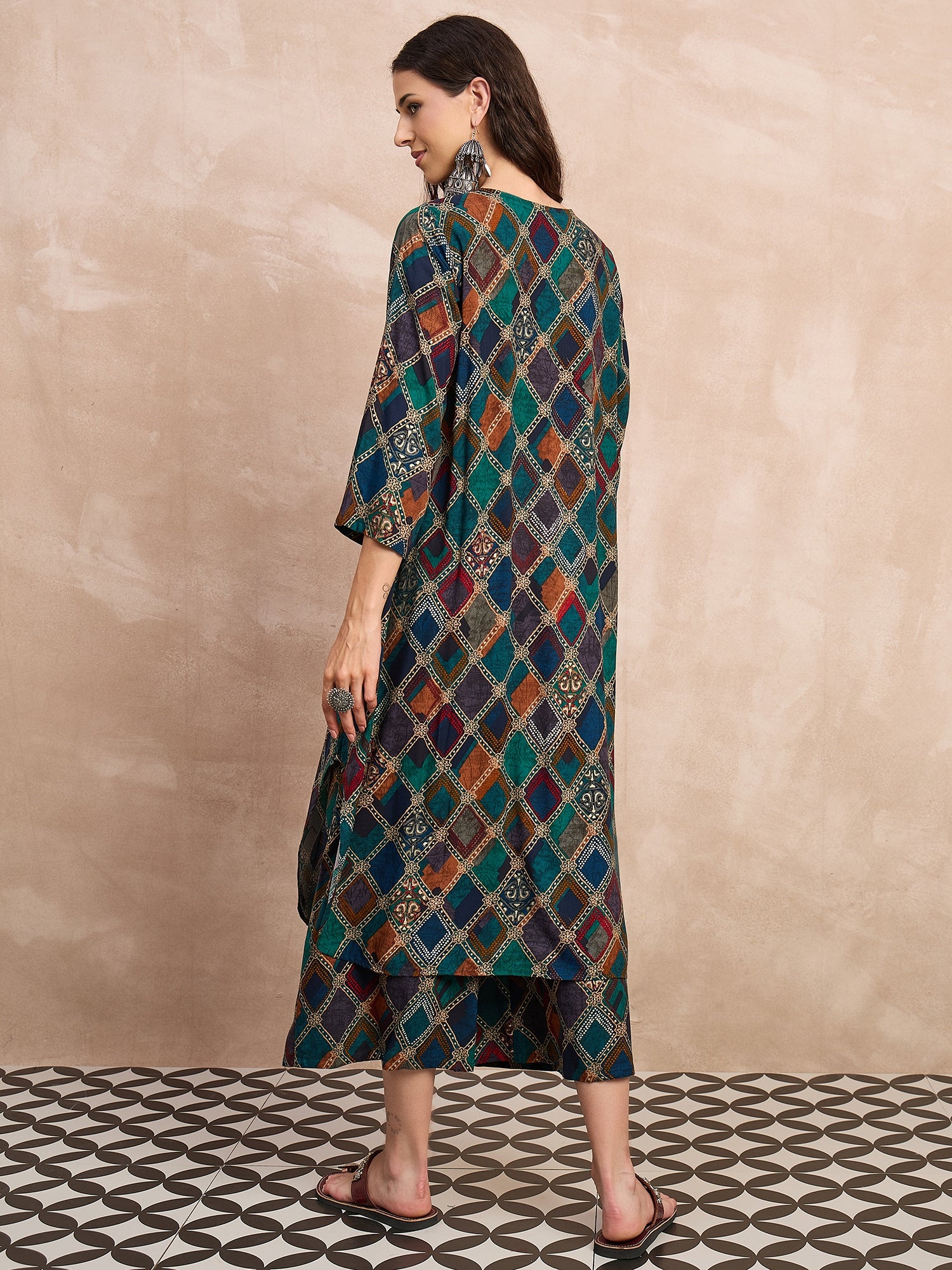 Blue Multi Square Print Flared Kurta Set