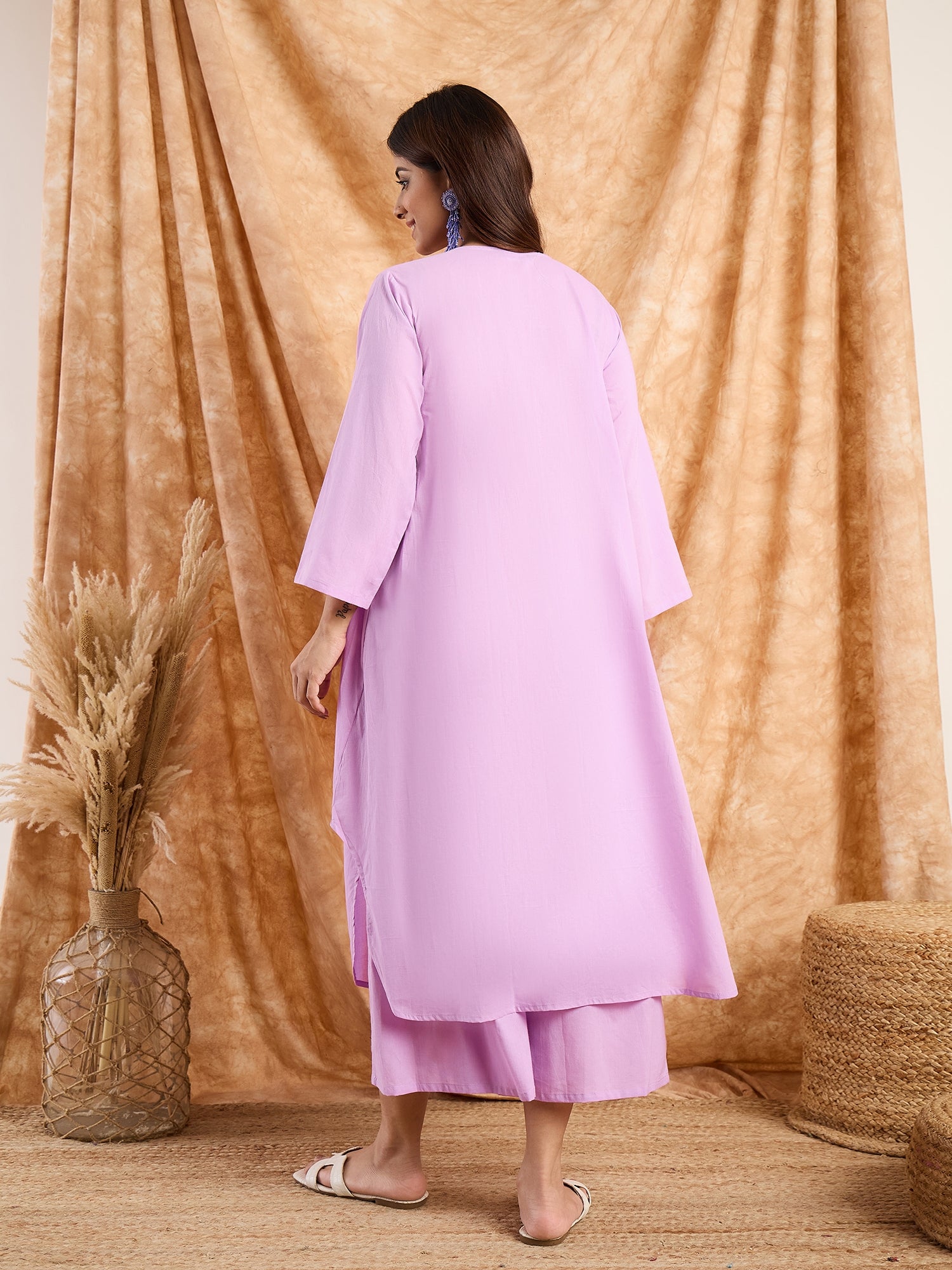 Lavender Pastel V Neck Flared Kurta Set