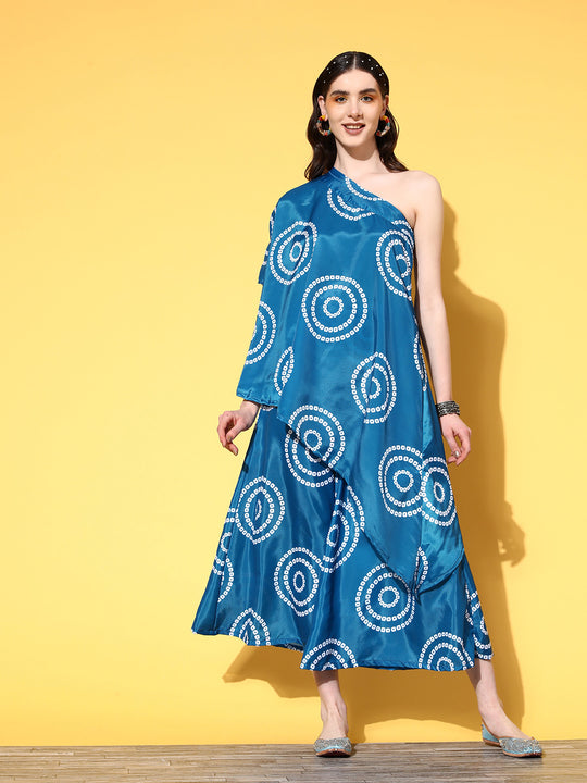 Blue Bandhani Motif One Shoulder Palazzo Set