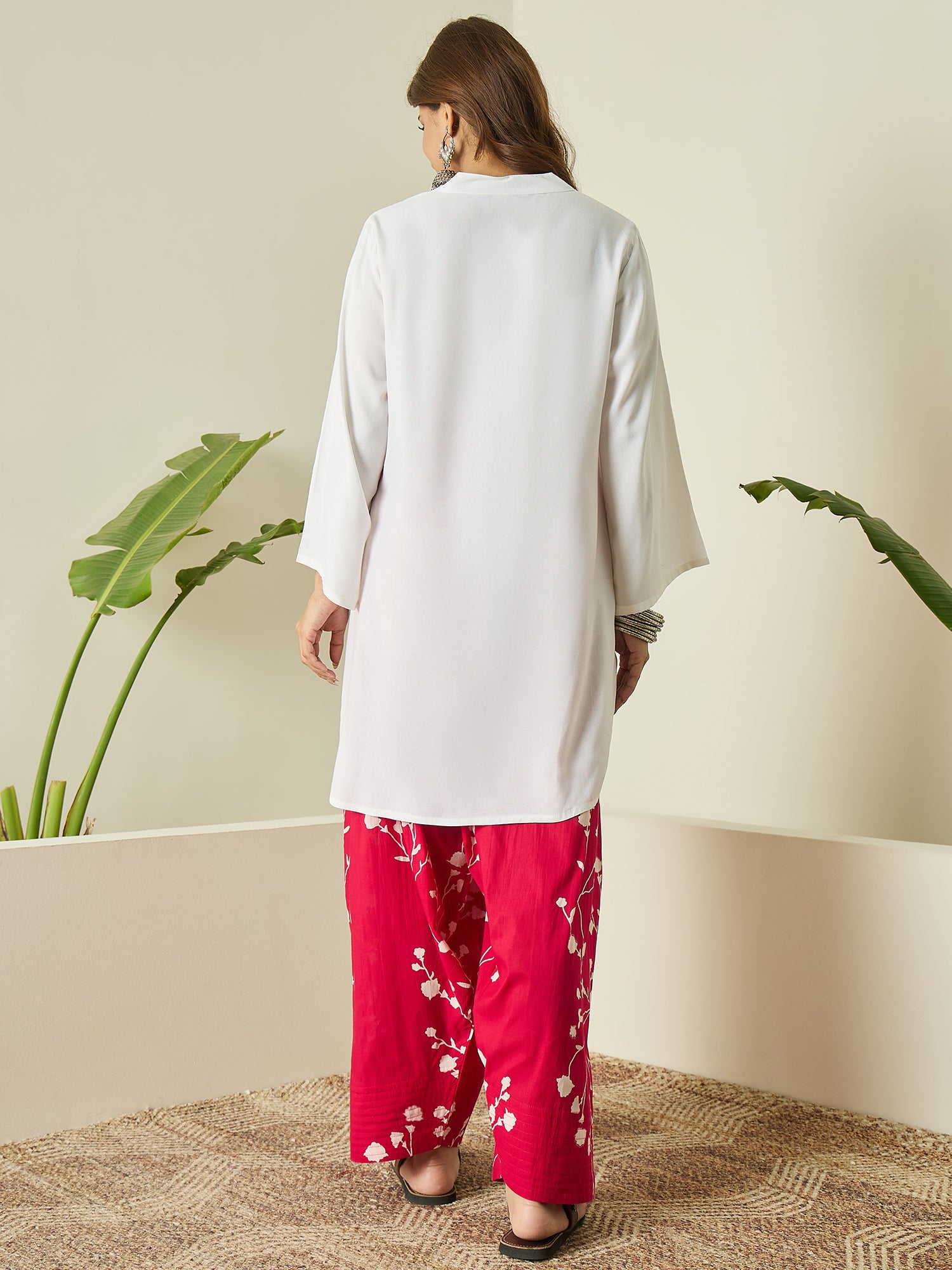 White Kurta Fuchsia Floral Salwar Set