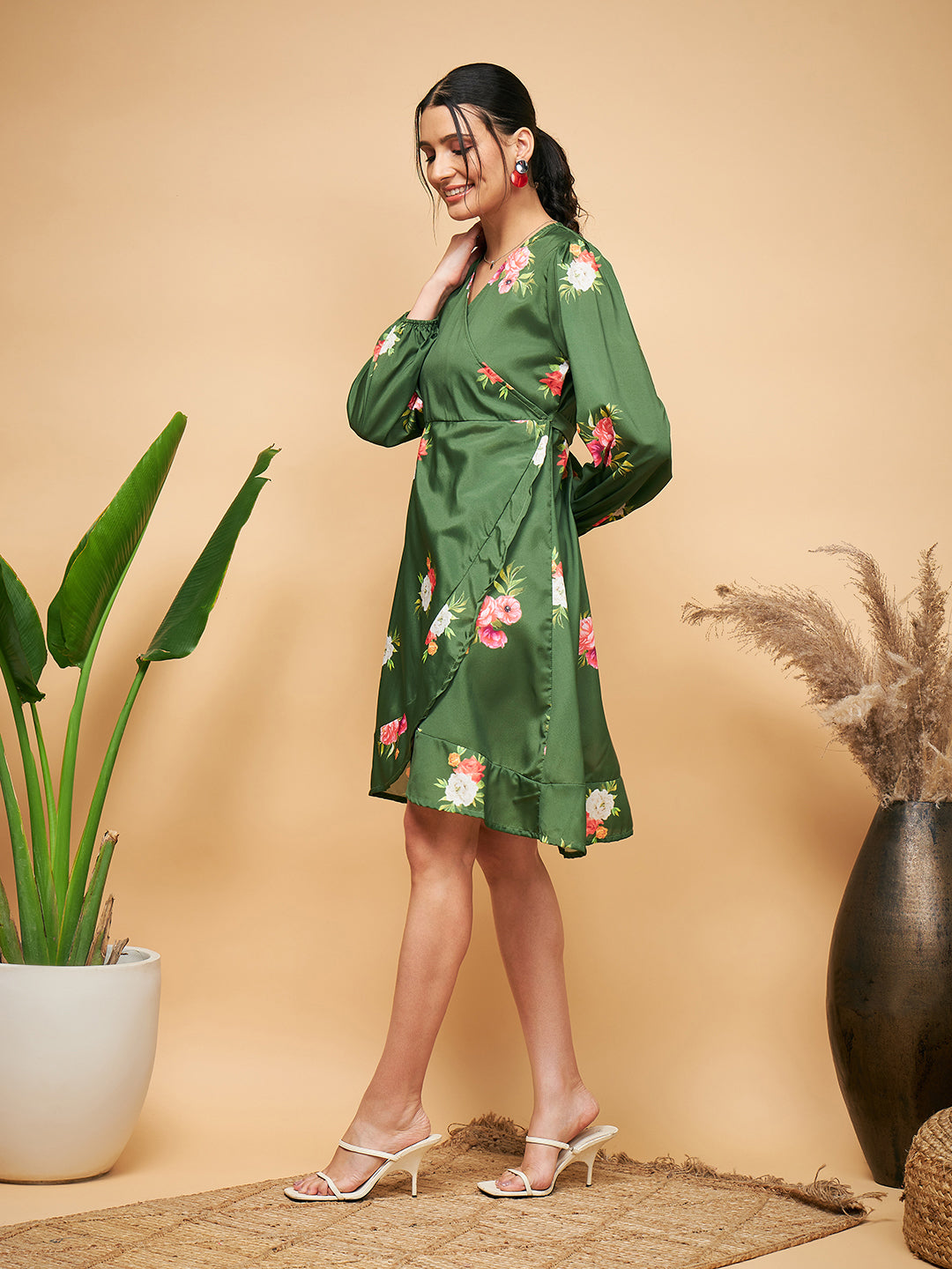 Green Small Flower Belted Dress