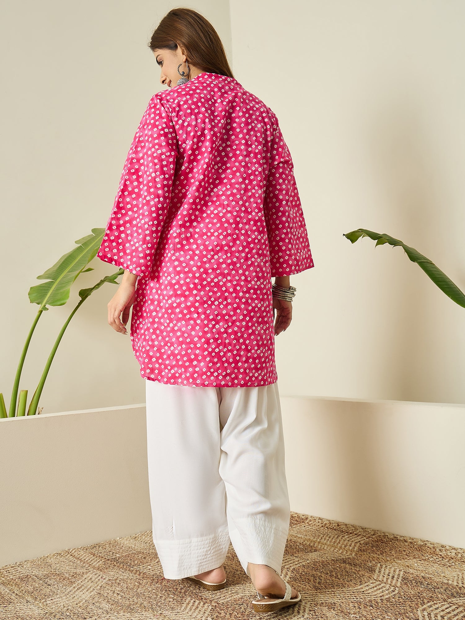 Pink White Dot Kurta White Salwar Set