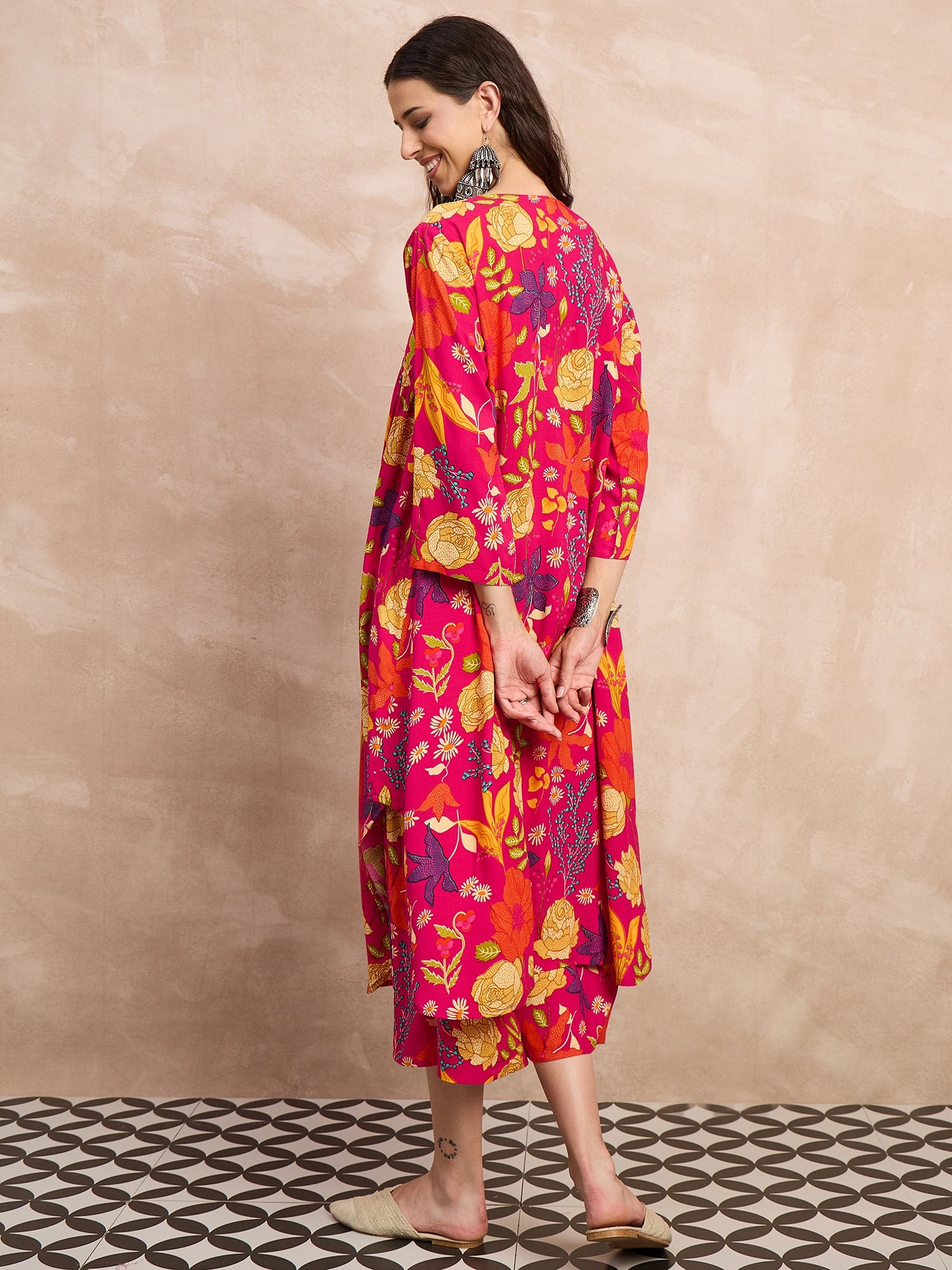 Rani Pink Rose Print Flared Kurta Set