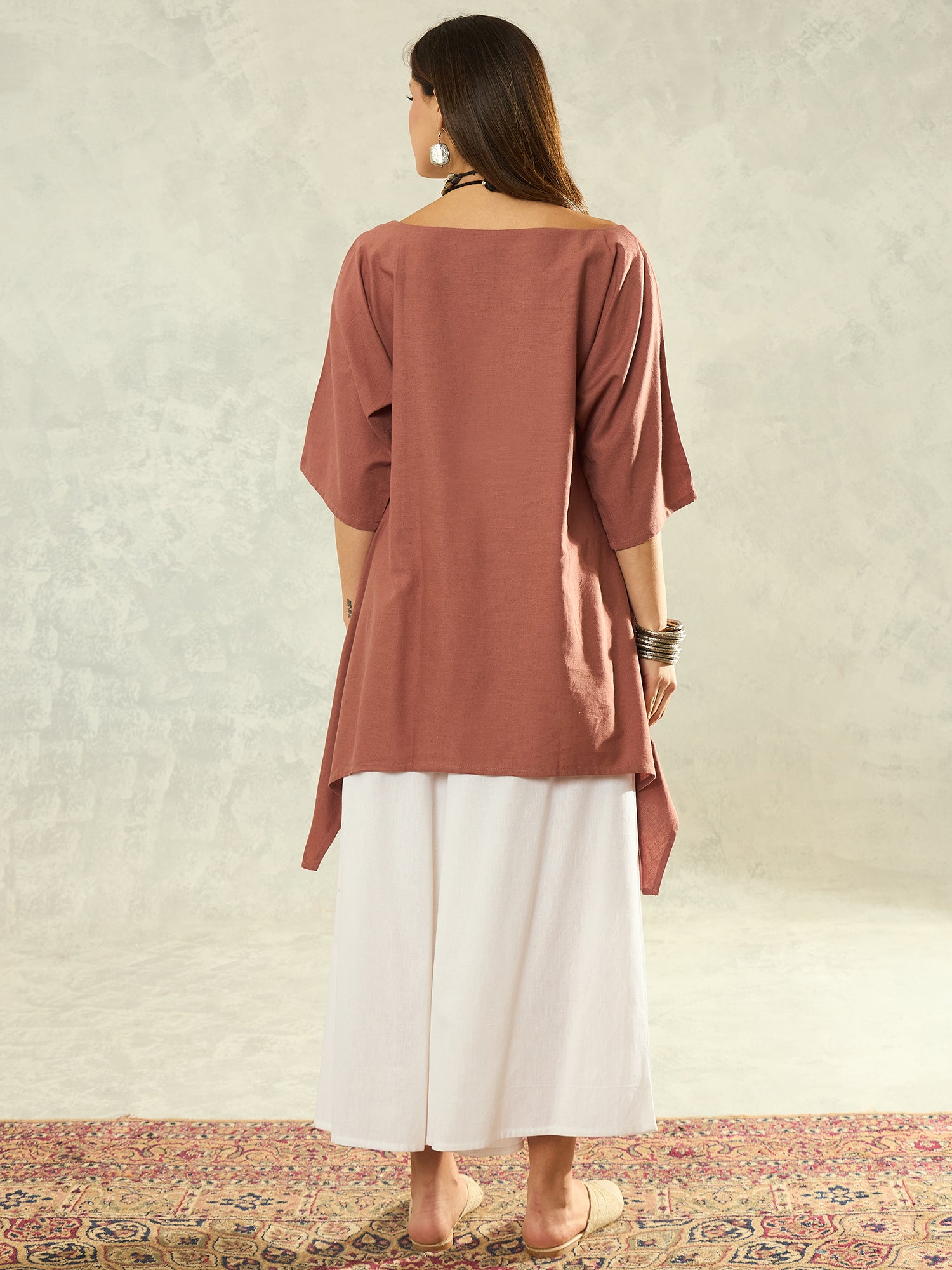 Brown Boat Neck White Palazzo Set