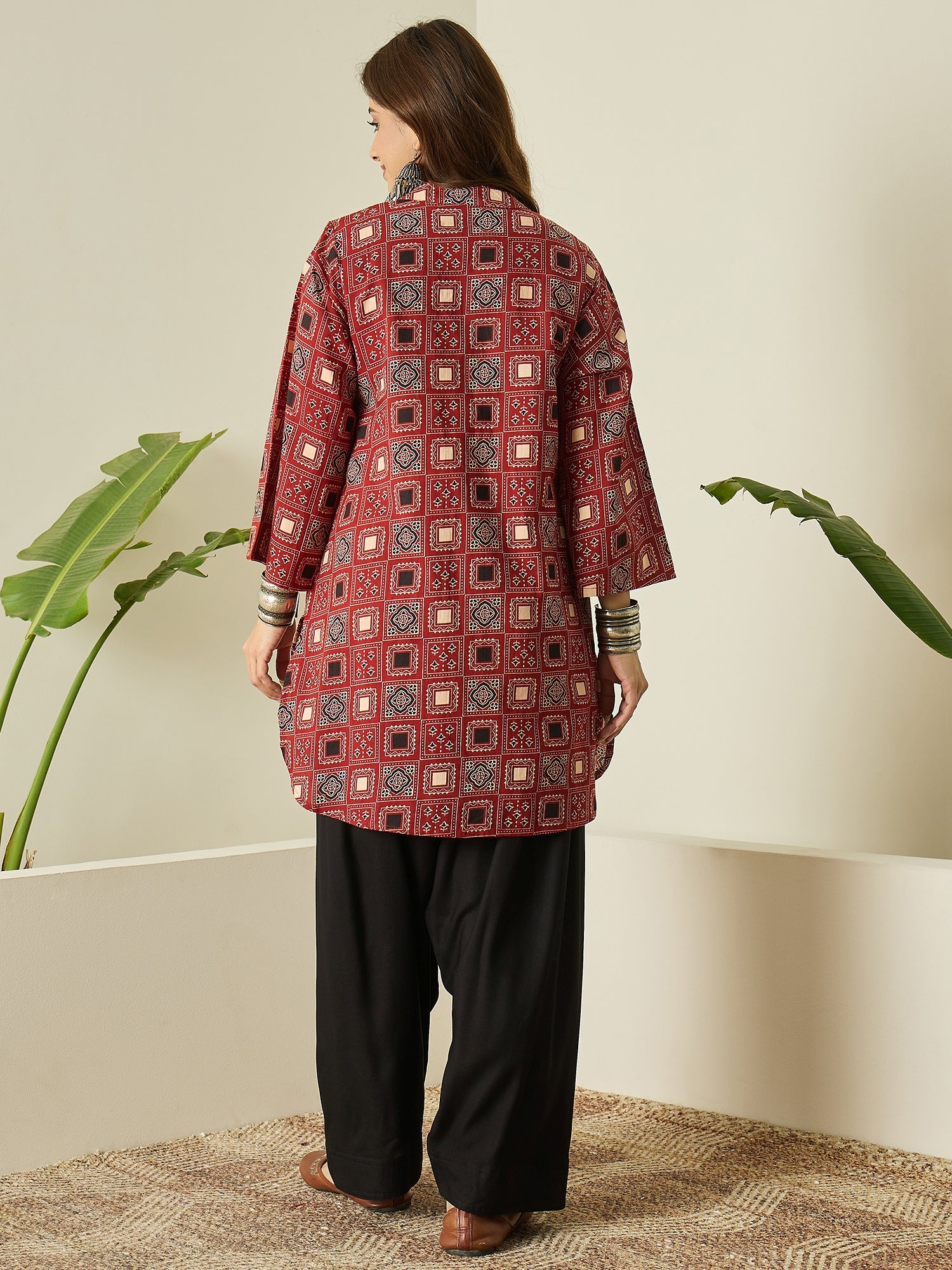 Rust Black Ethnic Kurta White Salwar Set