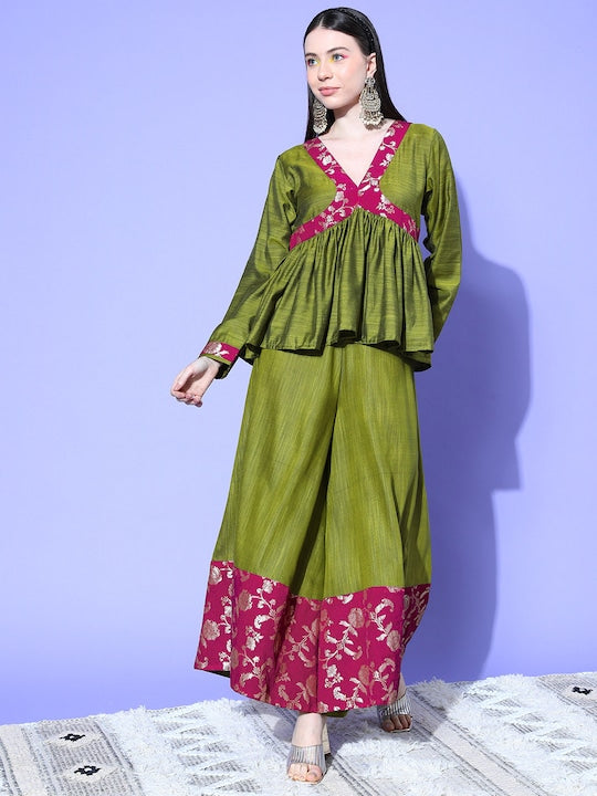 Olive Wine Brocade Mughal Shaan Kurta Palazzo Set