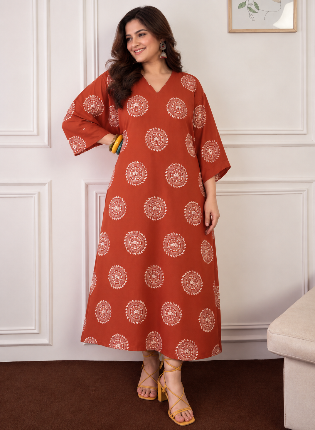 Rust Mandala Print V Neck Long Dress