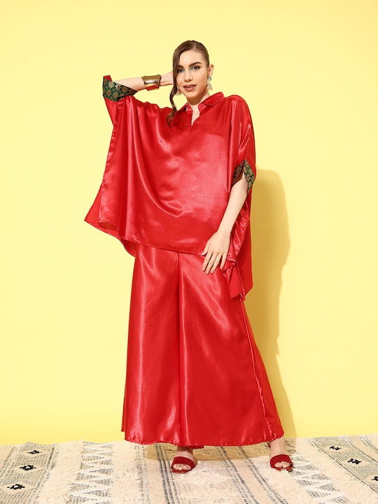 Red Green Brocade Satin Boho Kurta Palazzo Set