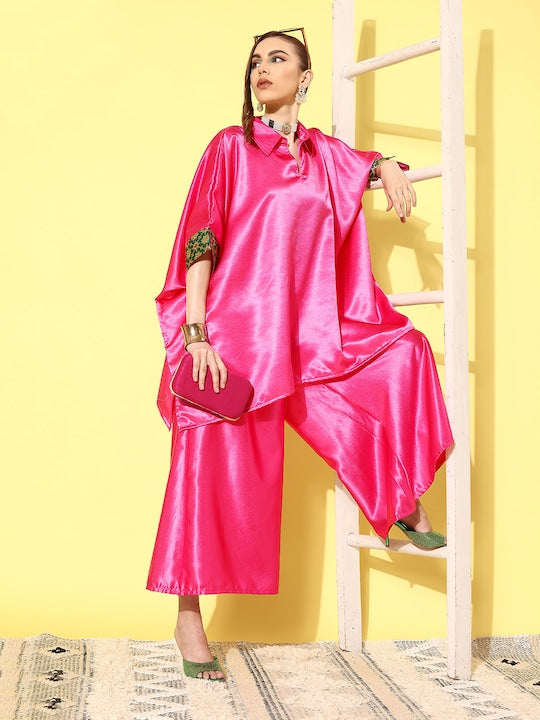 Pink Green Brocade Satin Boho Kurta Palazzo Set