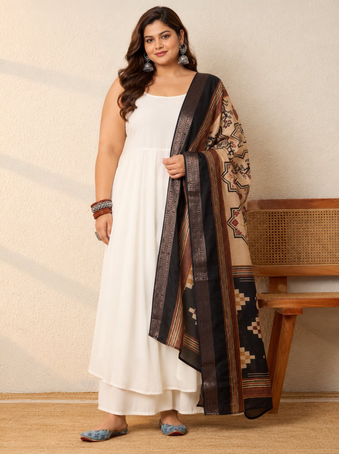 White Kurta Set Earthy Geometric Dupatta