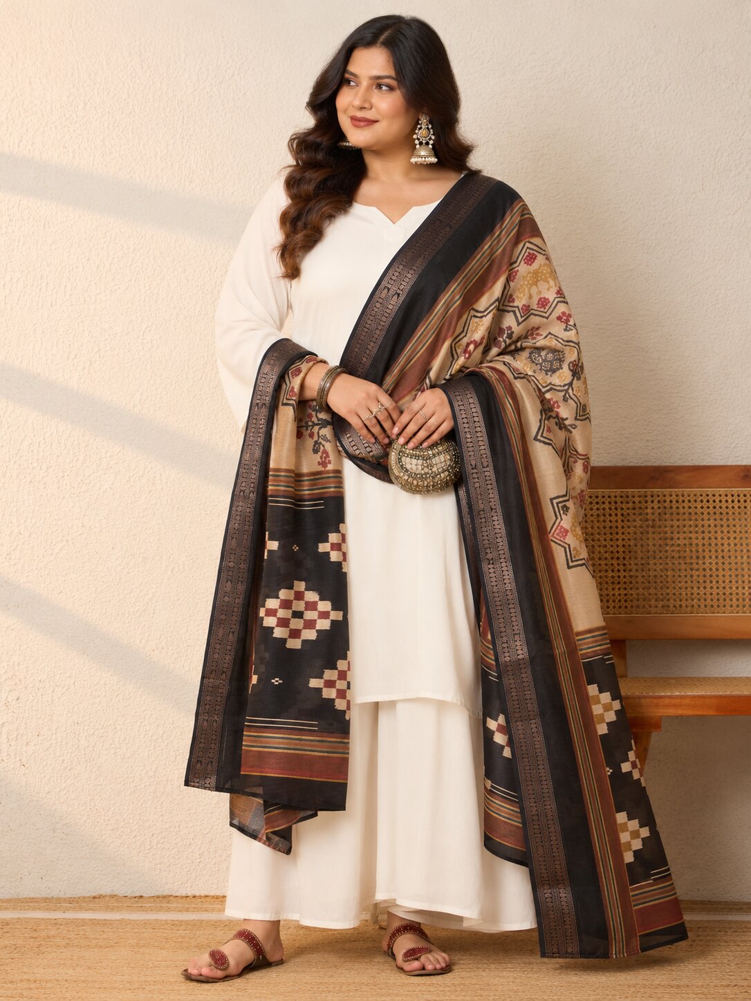 White Kurta Set Earthy Geometric Dupatta