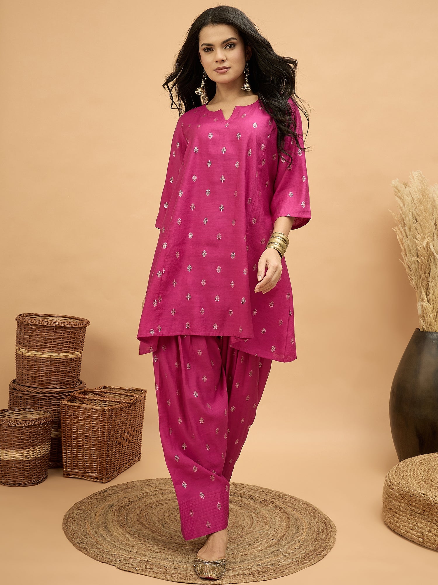Magenta Foil Pplm Kurti Salwar Set (To be dispatched in 7 -10 days)