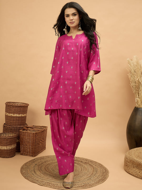 Magenta Foil Pplm Kurti Salwar Set (To be dispatched in 7 -10 days)