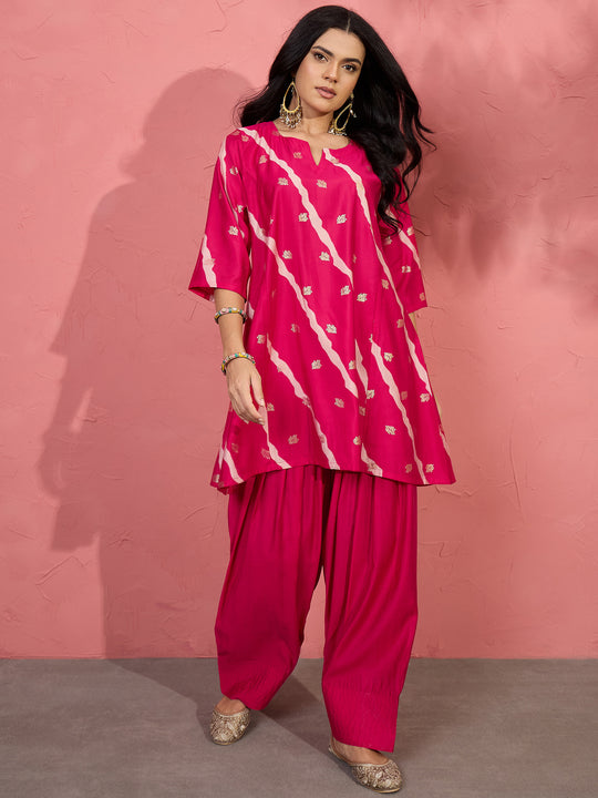 Fuchsia Lehariya Foil Kurta Salwar Set (To be dispatched in 7 -10 days)