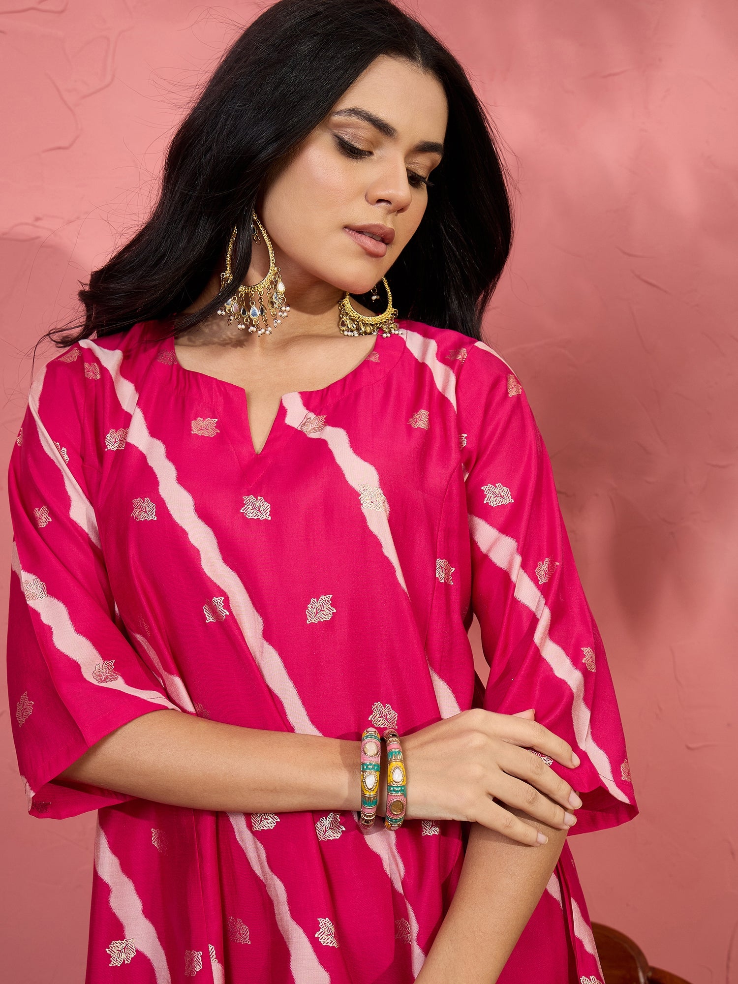 Fuchsia Lehariya Foil Kurta Salwar Set (To be dispatched in 7 -10 days)