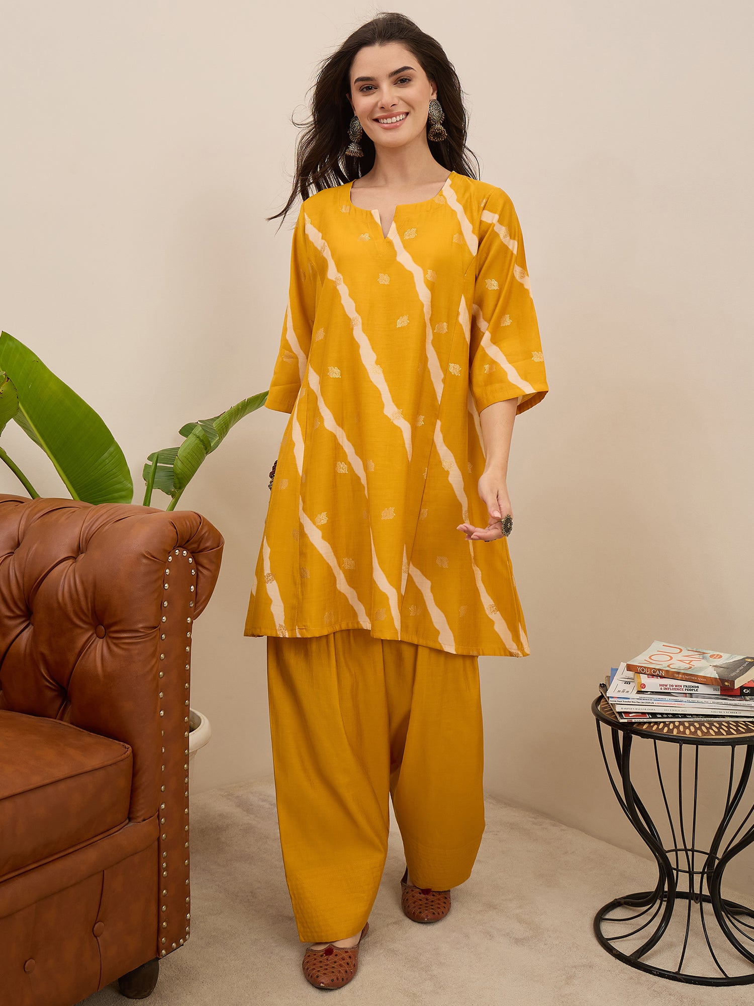 Yellow Lehariya Foil Kurta Salwar Set (To be dispatched in 7 -10 days)