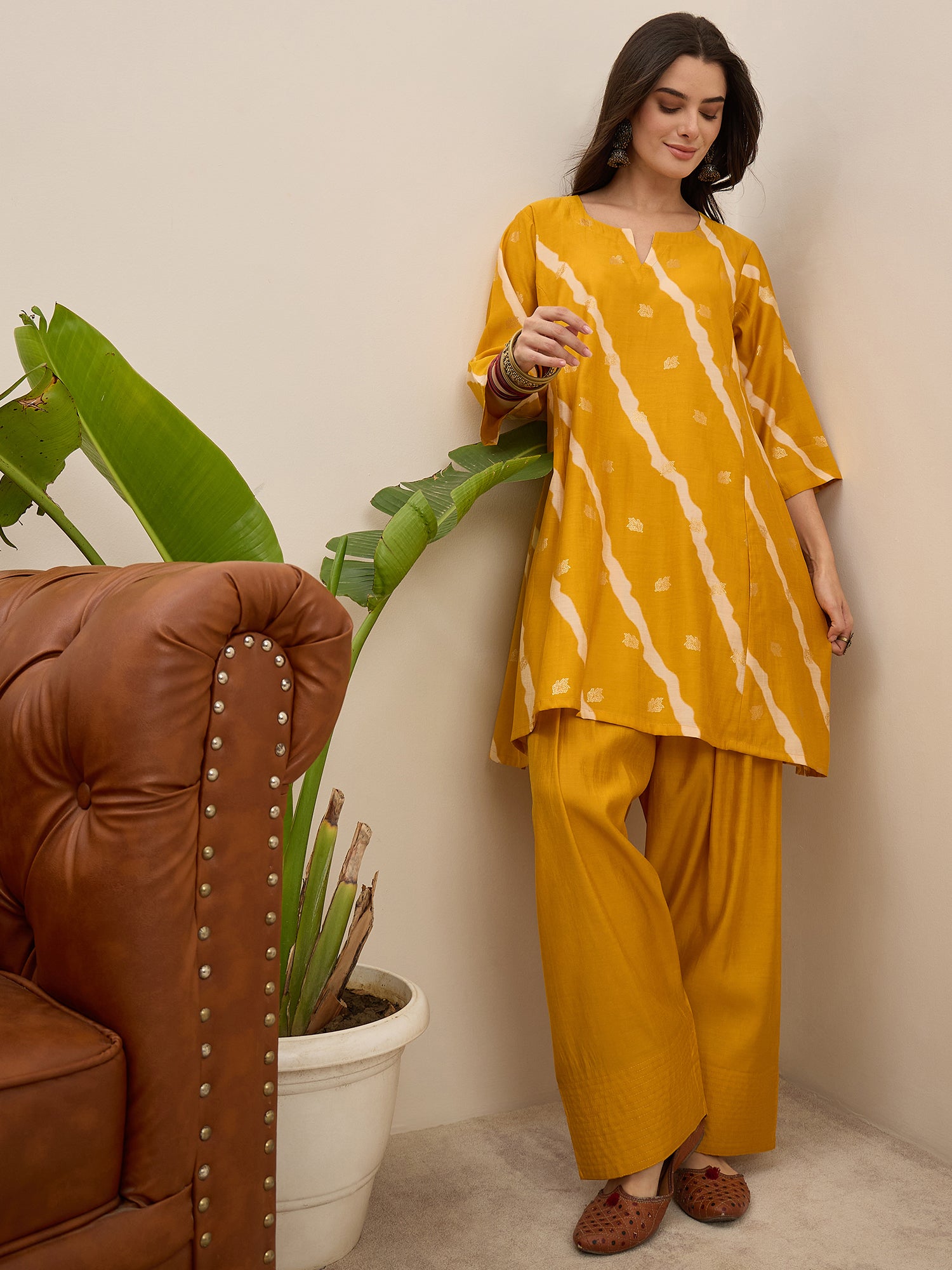 Yellow Lehariya Foil Kurta Salwar Set (To be dispatched in 7 -10 days)