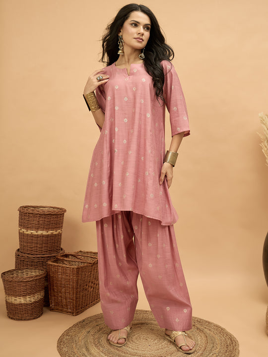 Pastel Peach Foil Pplm Kurti Salwar Set (To be dispatched in 7 -10 days)
