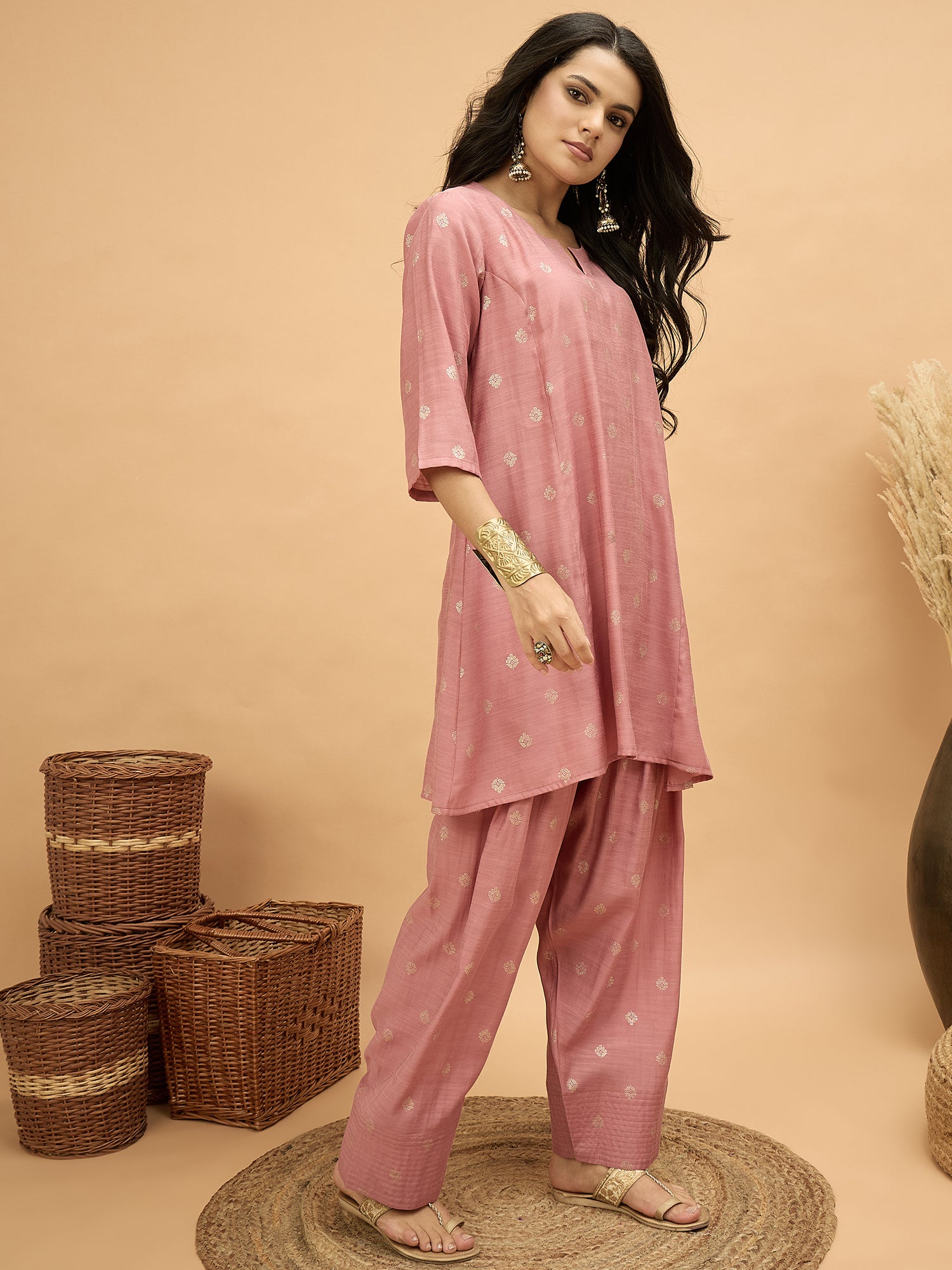 Pastel Peach Foil Pplm Kurti Salwar Set (To be dispatched in 7 -10 days)