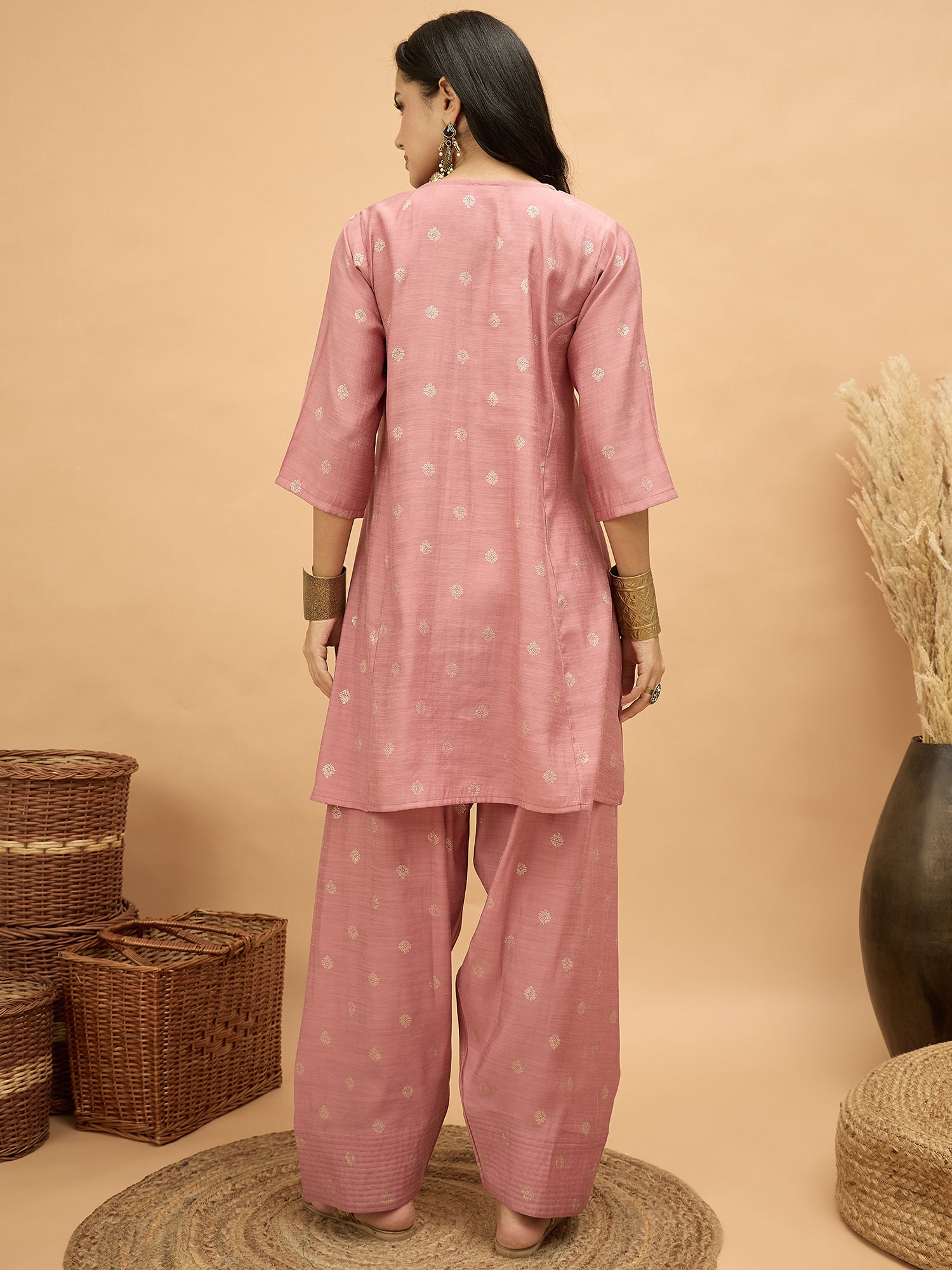 Pastel Peach Foil Pplm Kurti Salwar Set (To be dispatched in 7 -10 days)