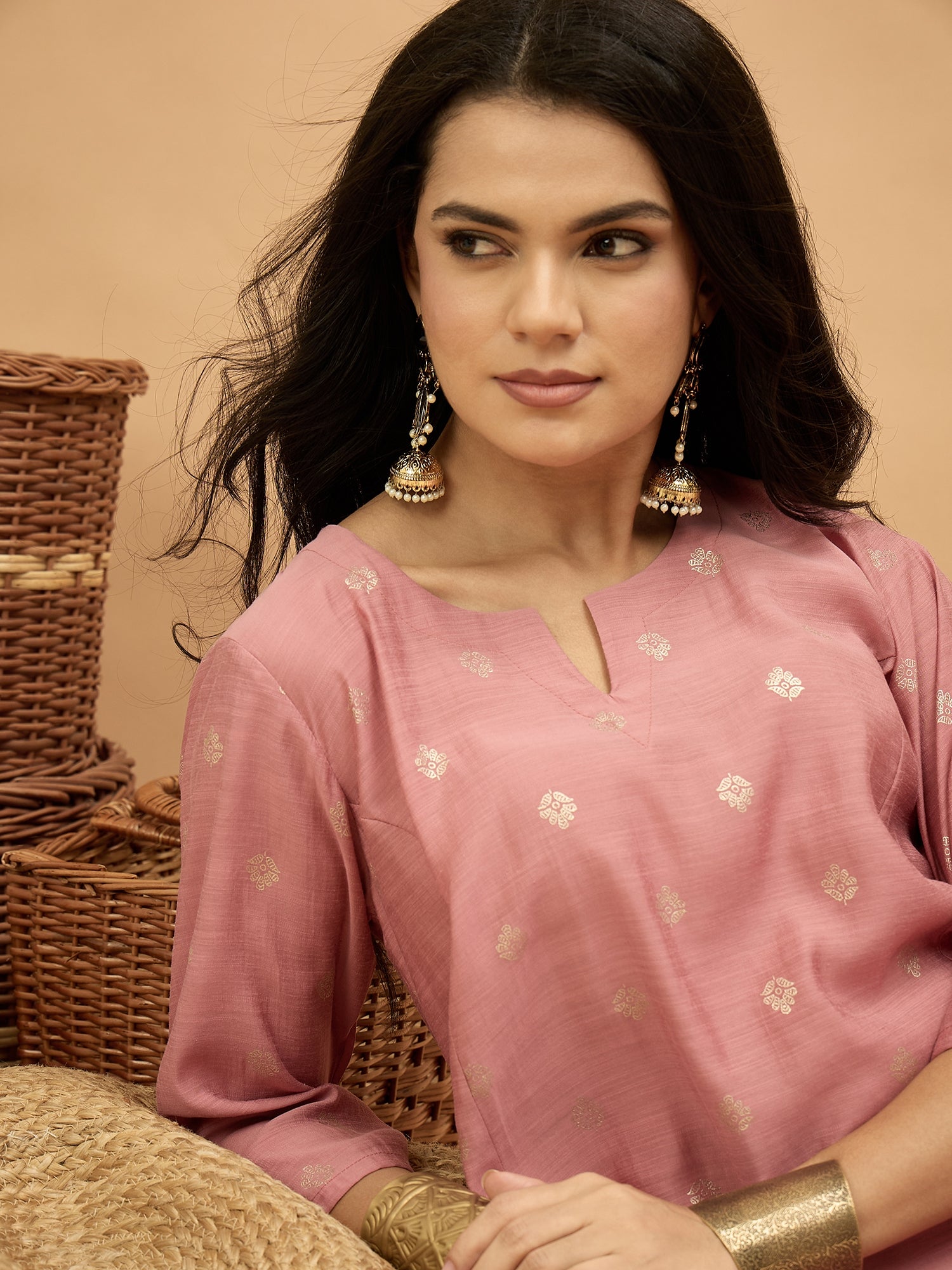 Pastel Peach Foil Pplm Kurti Salwar Set (To be dispatched in 7 -10 days)