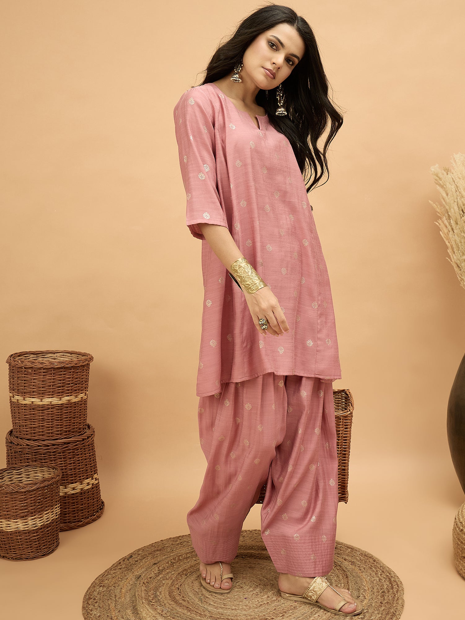 Pastel Peach Foil Pplm Kurti Salwar Set (To be dispatched in 7 -10 days)