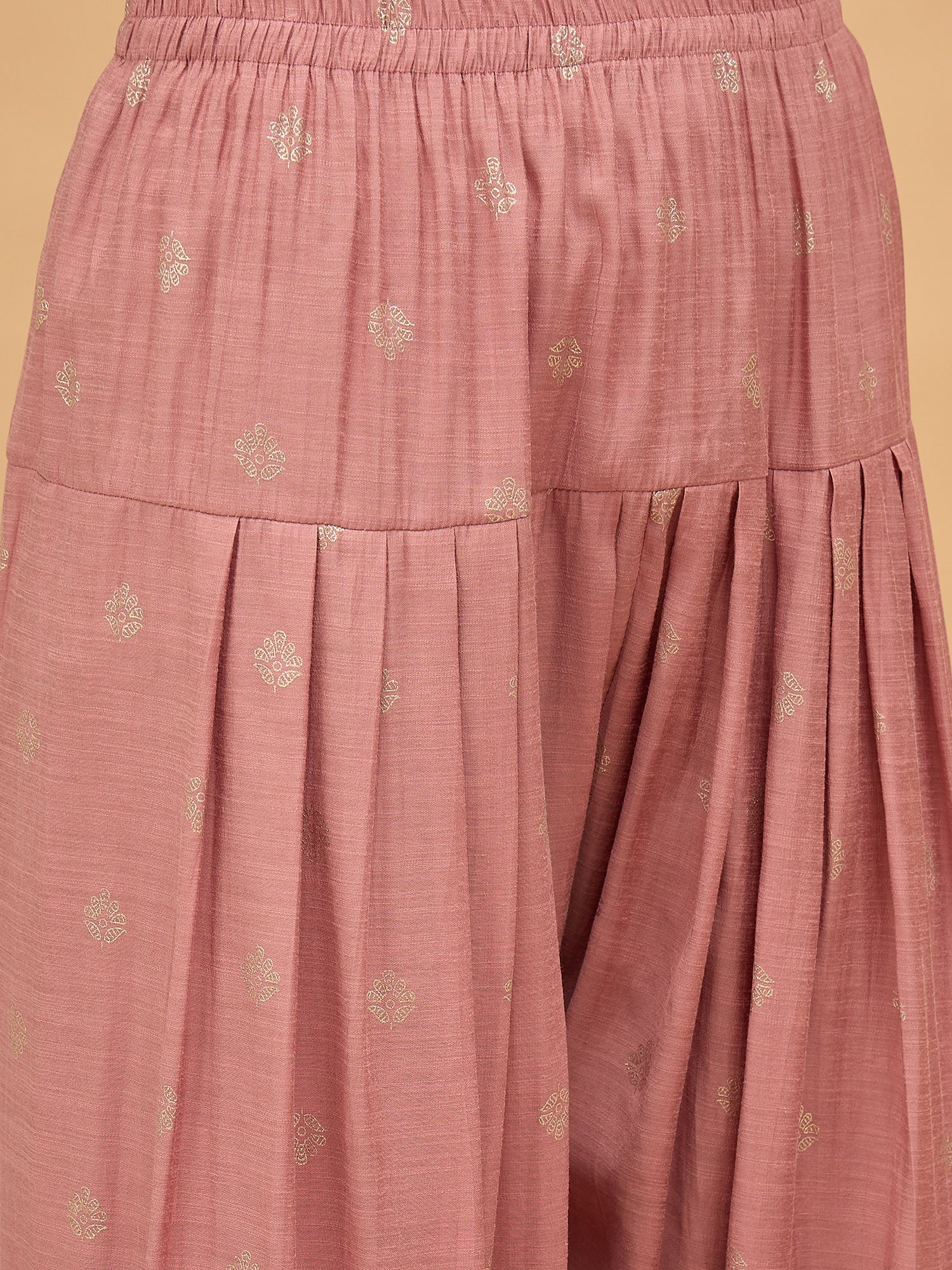 Pastel Peach Foil Pplm Kurti Salwar Set (To be dispatched in 7 -10 days)