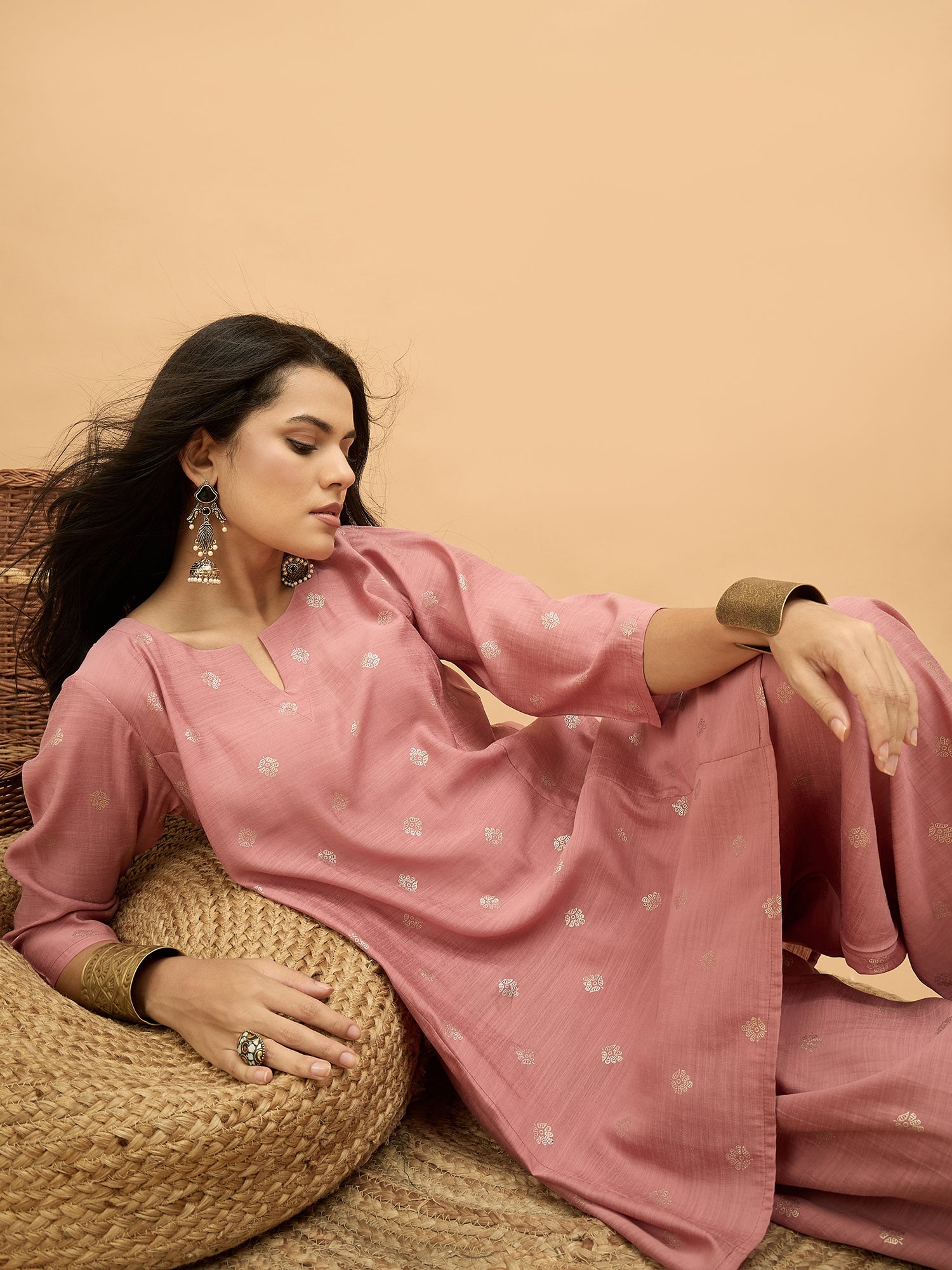 Pastel Peach Foil Pplm Kurti Salwar Set (To be dispatched in 7 -10 days)