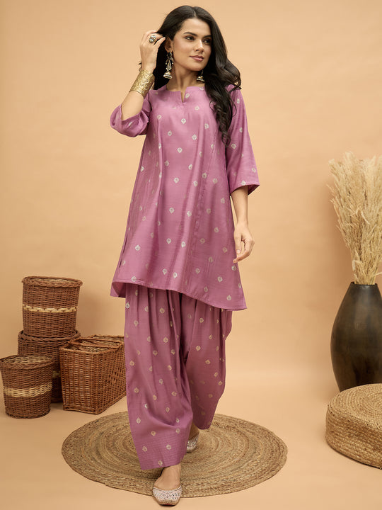 Opera Mauve Foil Pplm Kurti Salwar Set (To be dispatched in 7 -10 days)