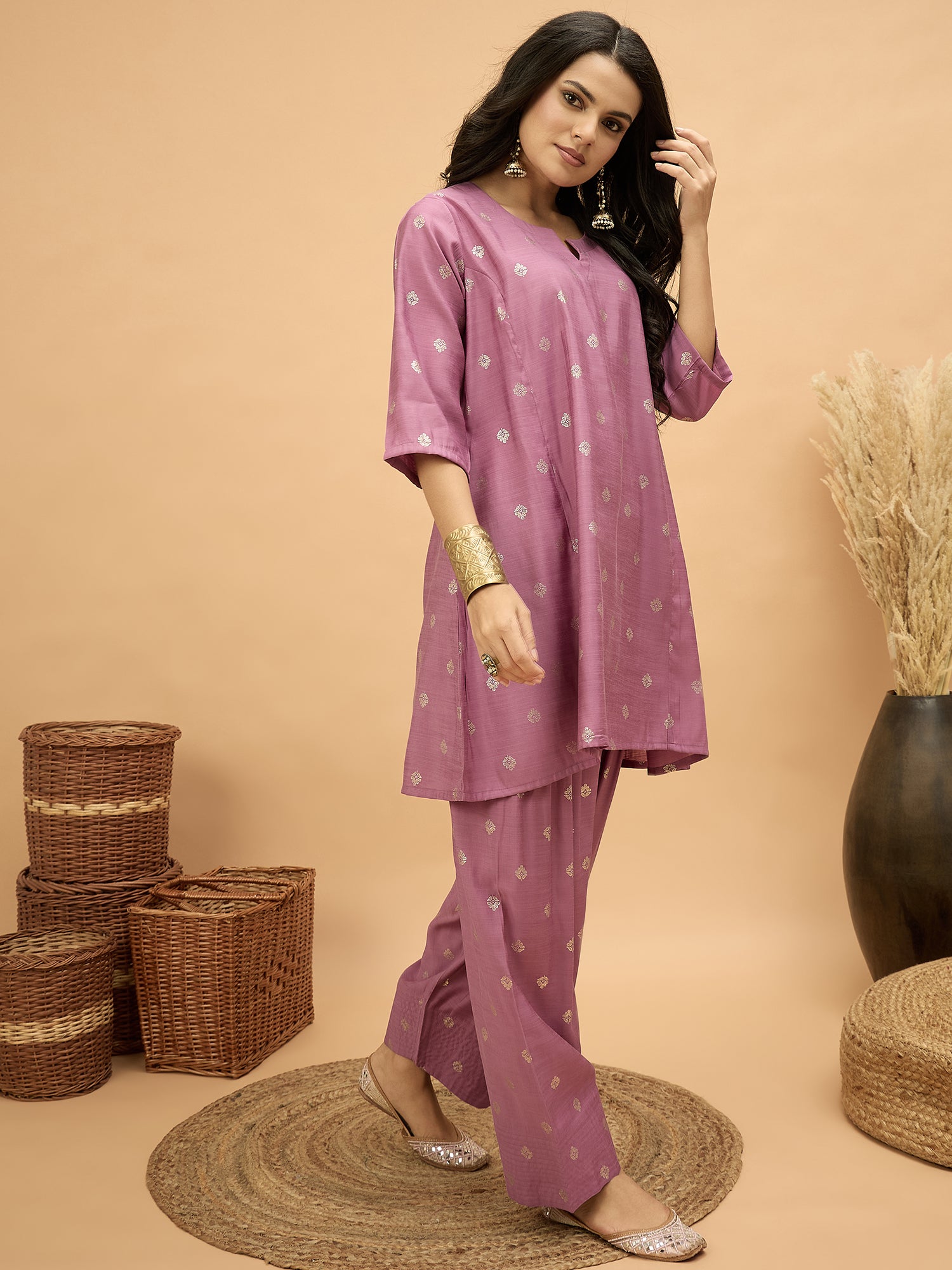 Opera Mauve Foil Pplm Kurti Salwar Set (To be dispatched in 7 -10 days)