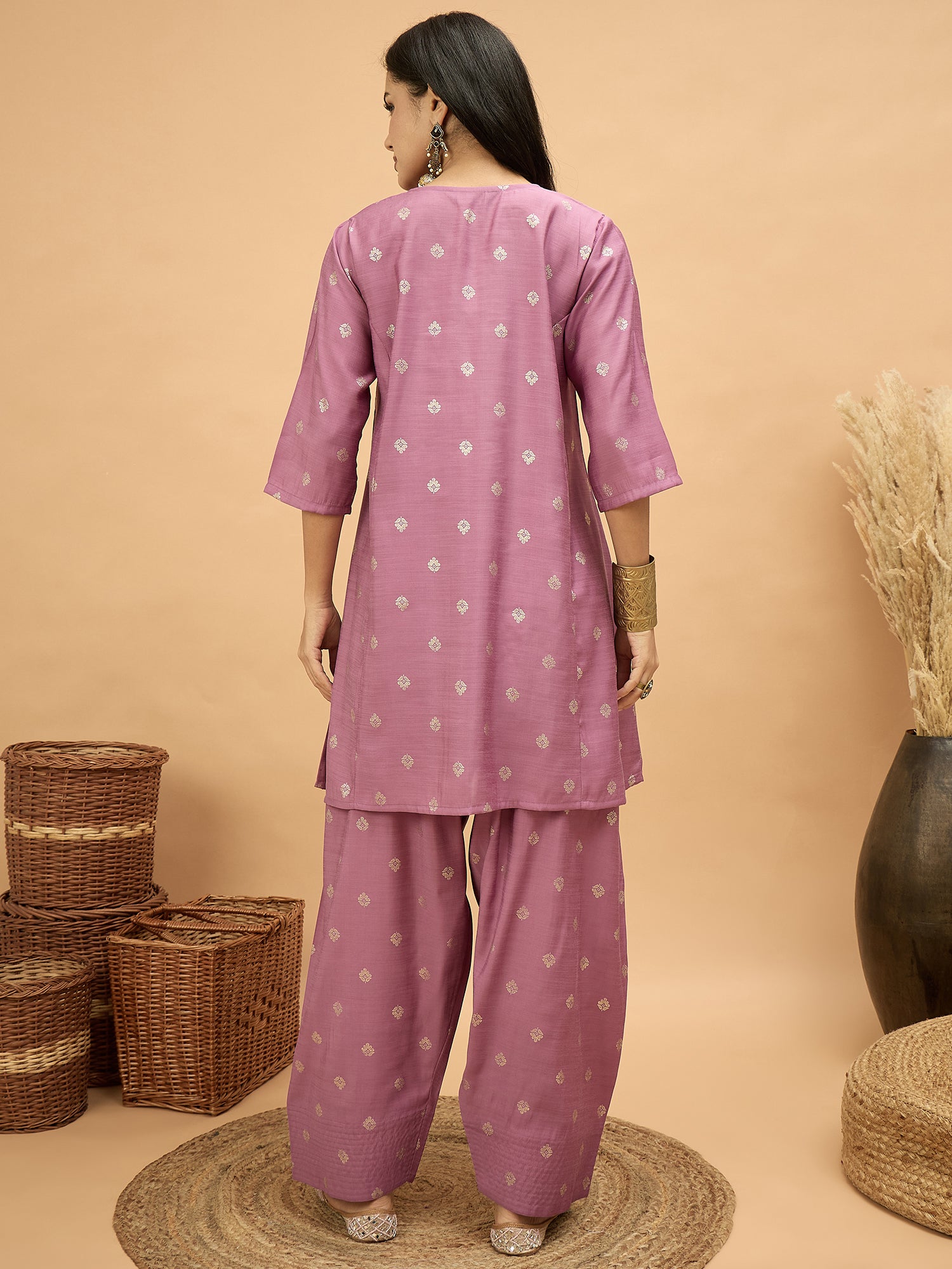 Opera Mauve Foil Pplm Kurti Salwar Set (To be dispatched in 7 -10 days)