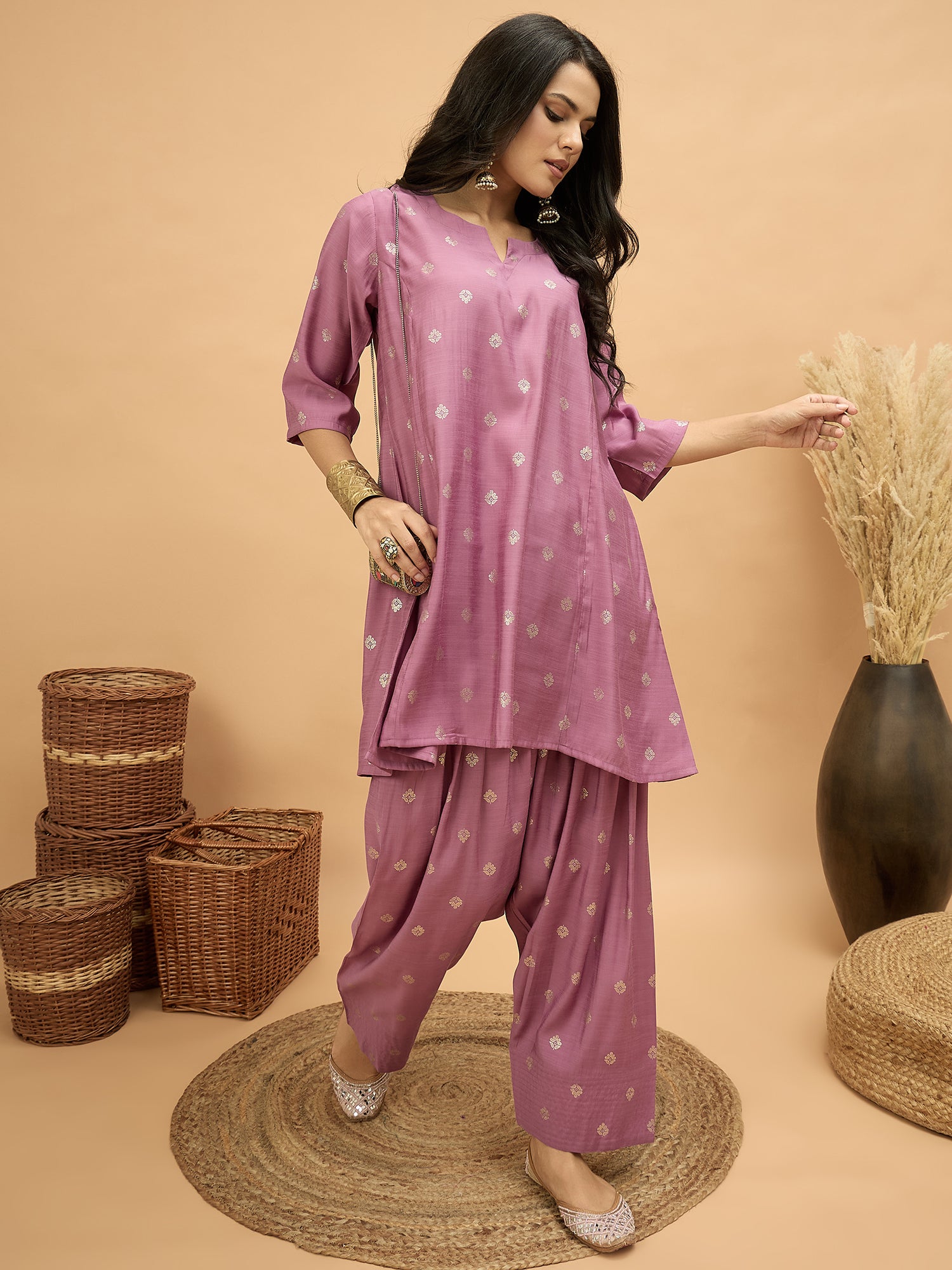 Opera Mauve Foil Pplm Kurti Salwar Set (To be dispatched in 7 -10 days)