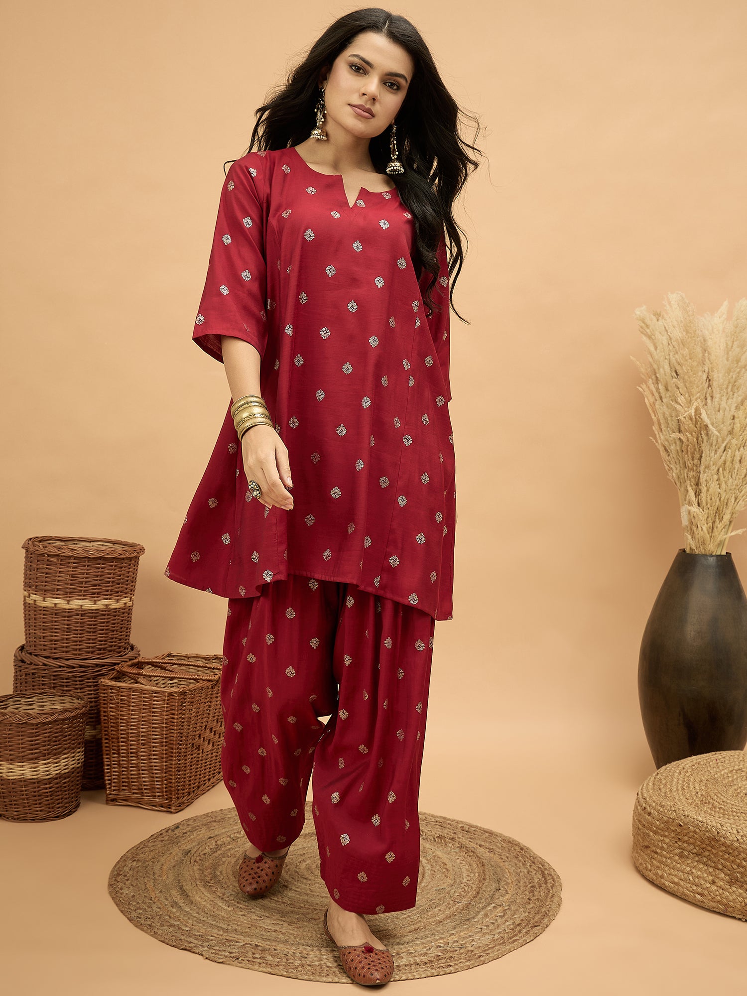 Barn Red Foil Pplm Kurti Salwar Set (To be dispatched in 7 -10 days)