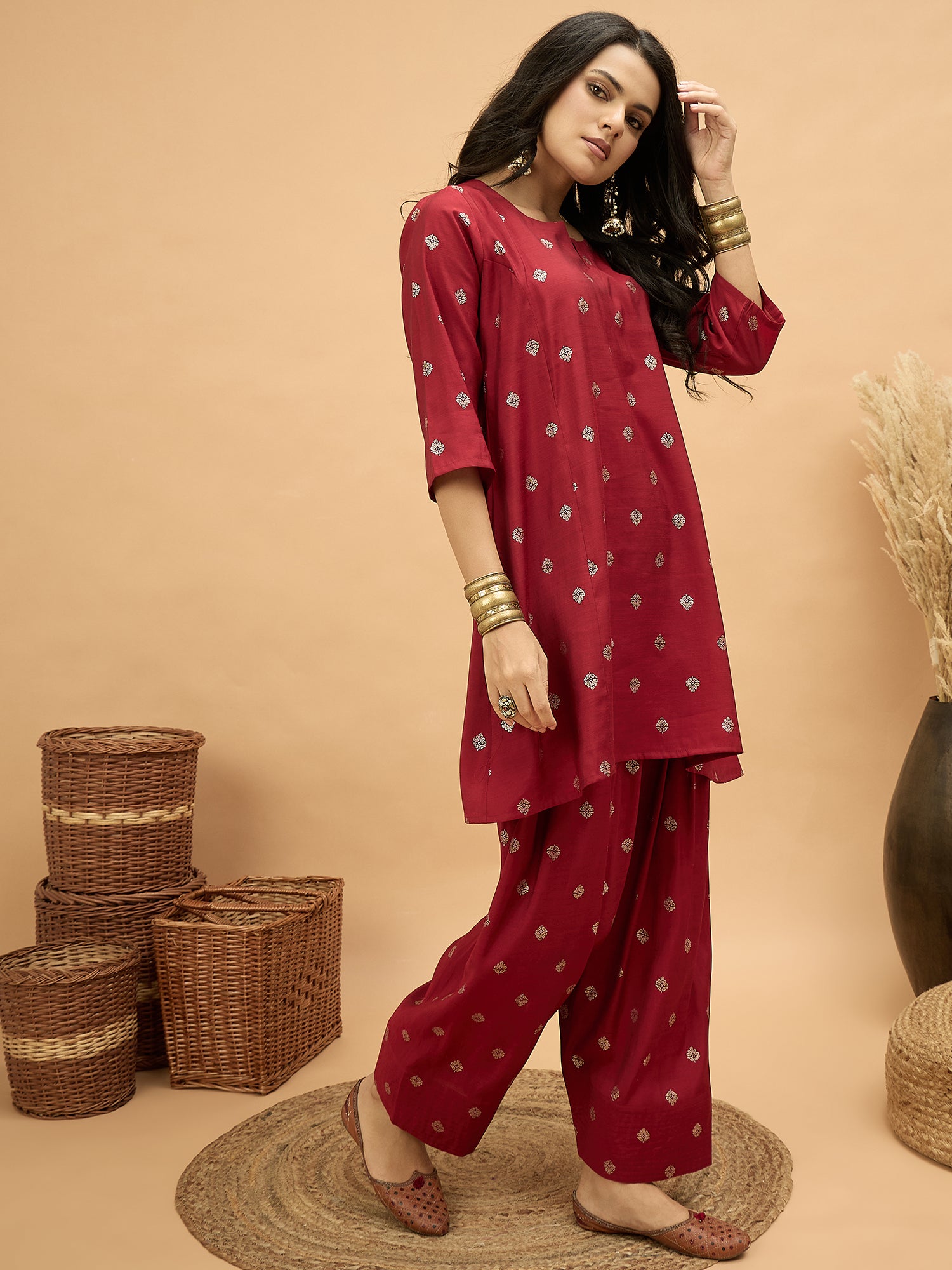 Barn Red Foil Pplm Kurti Salwar Set (To be dispatched in 7 -10 days)