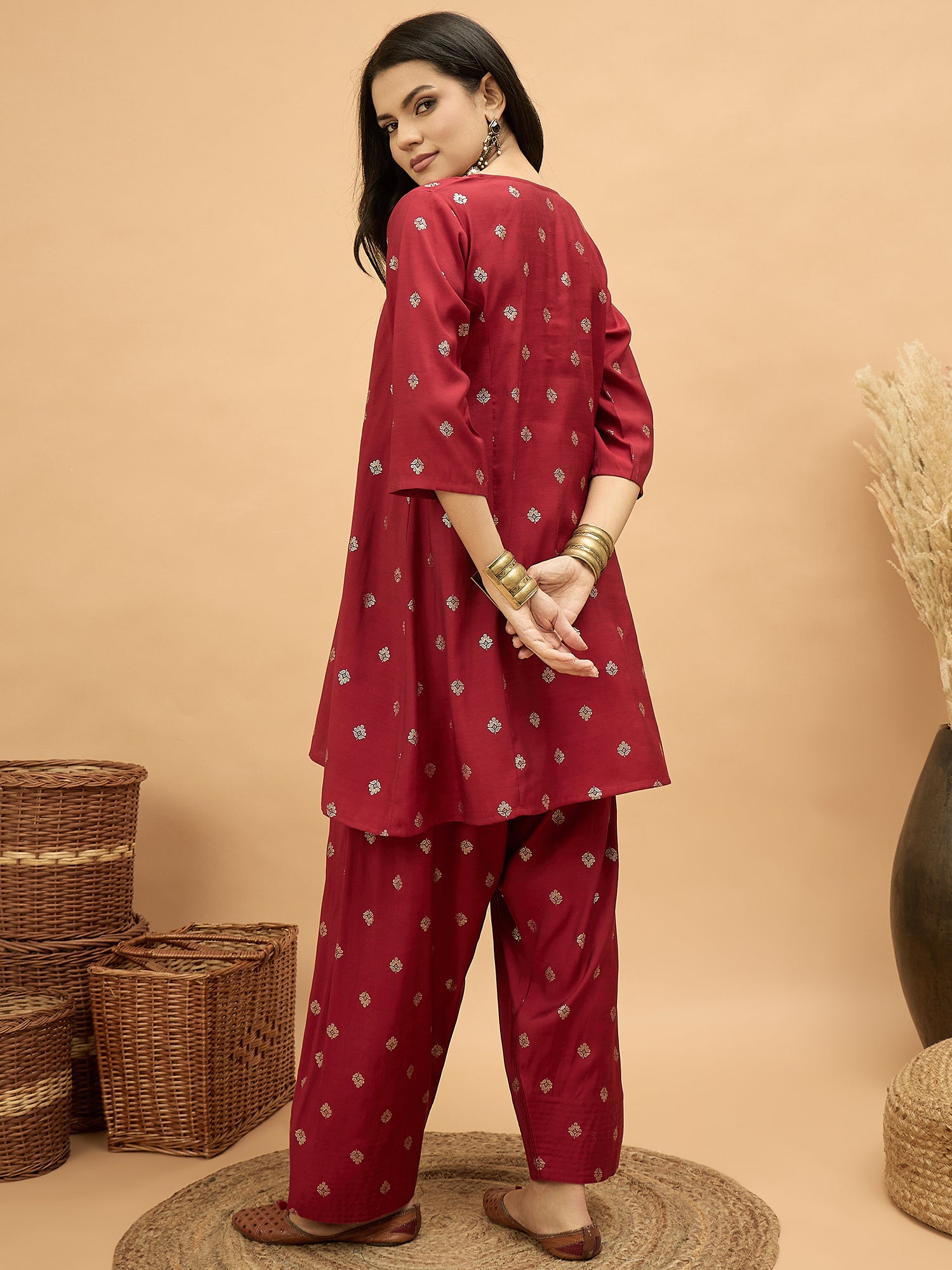 Barn Red Foil Pplm Kurti Salwar Set (To be dispatched in 7 -10 days)