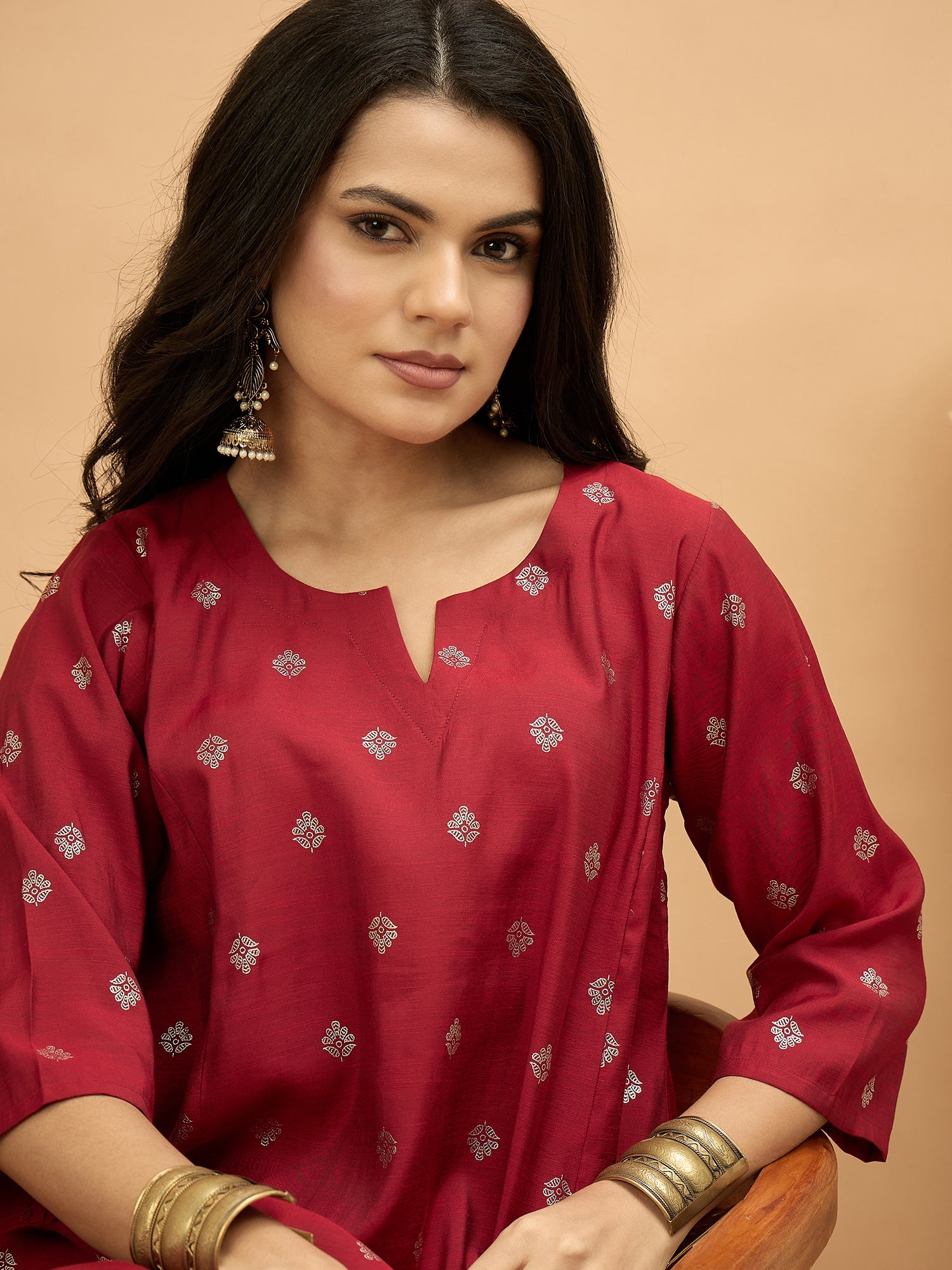 Barn Red Foil Pplm Kurti Salwar Set (To be dispatched in 7 -10 days)