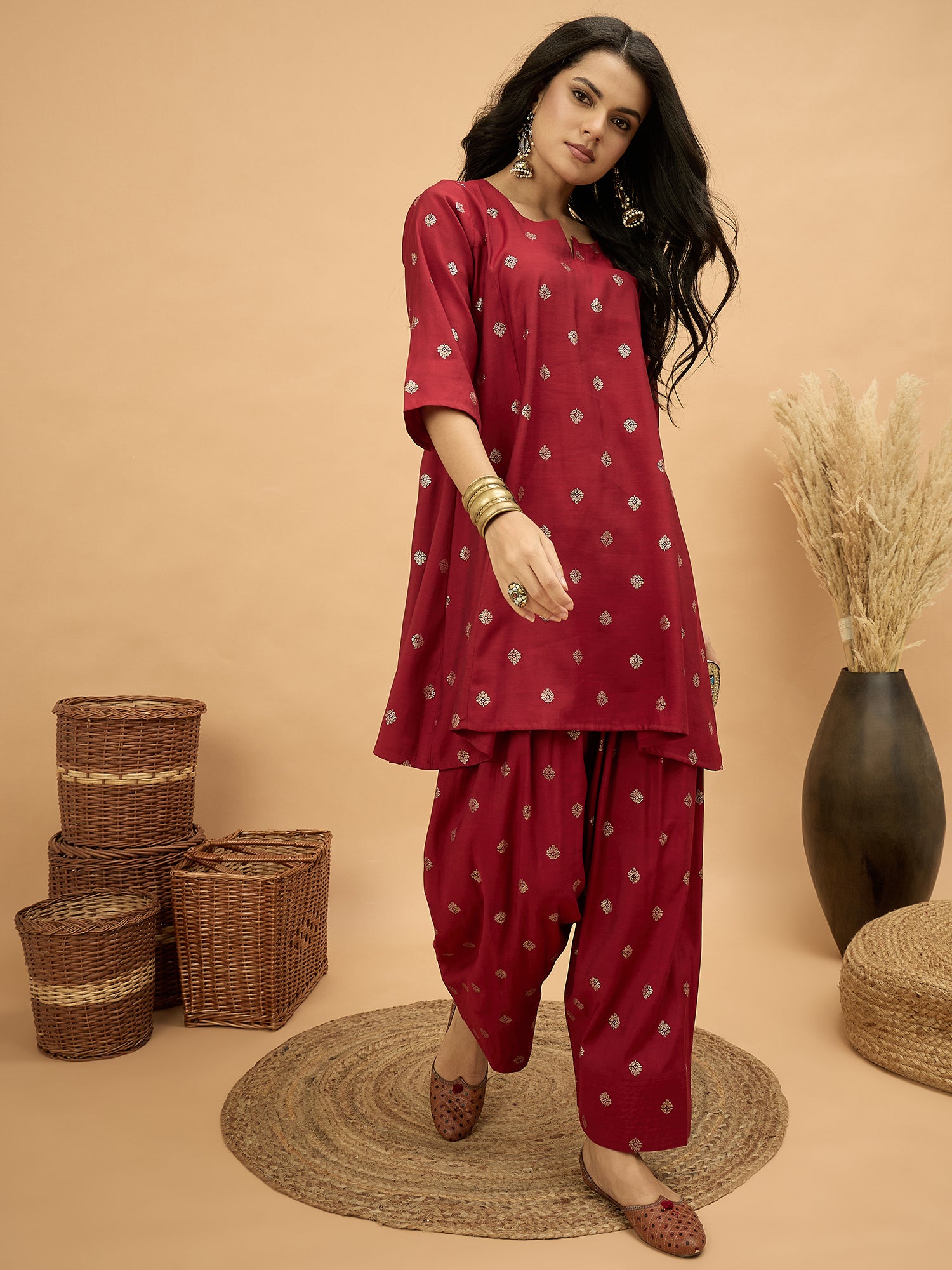 Barn Red Foil Pplm Kurti Salwar Set (To be dispatched in 7 -10 days)